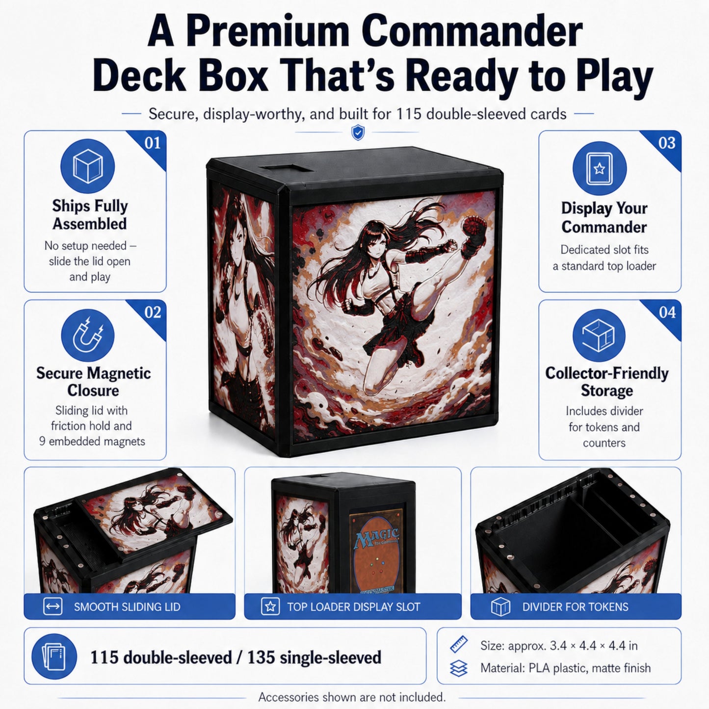 MTG Commander Deck Box PRISM Series, branded feature infographic showing capacity and closure details — Chaos Studio Georgia