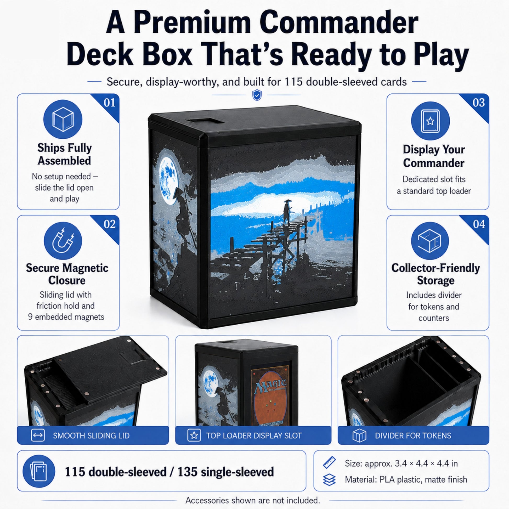 MTG Commander Deck Box PRISM Series, branded feature infographic showing capacity and closure details — Chaos Studio Georgia