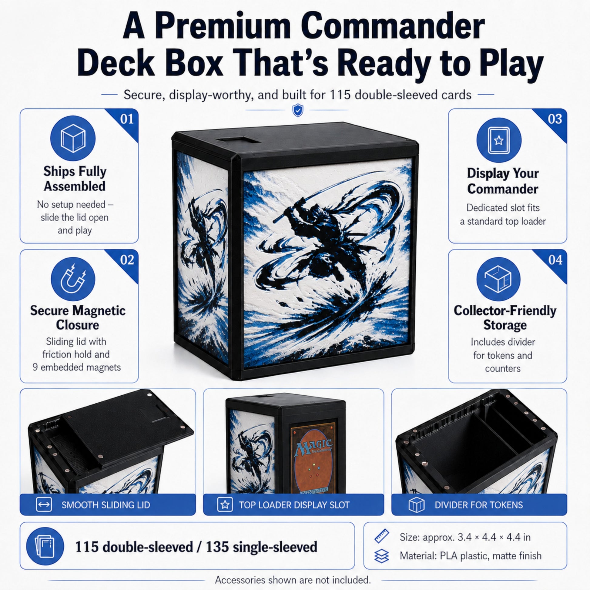 MTG Commander Deck Box PRISM Series, branded feature infographic showing capacity and closure details — Chaos Studio Georgia