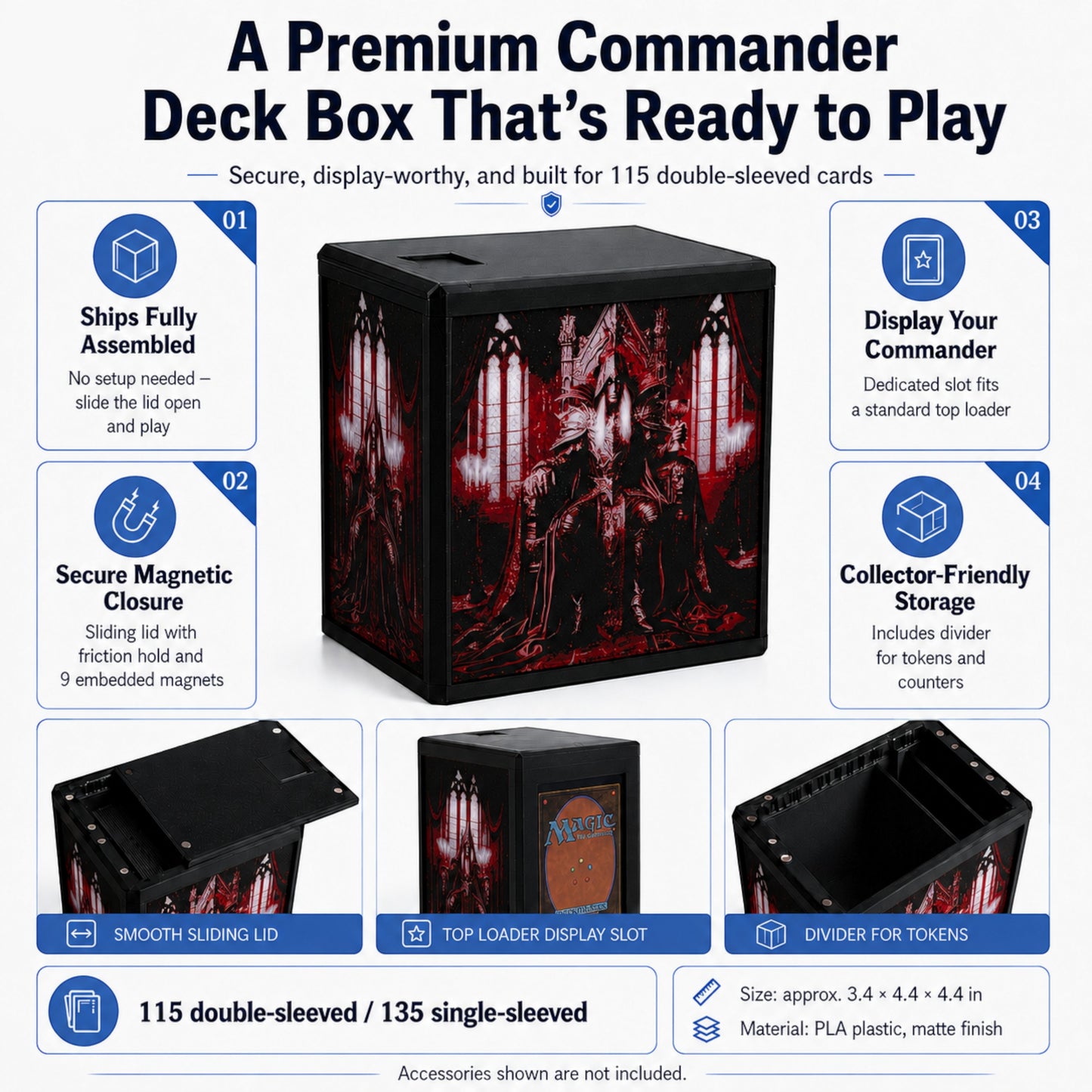 MTG Commander Deck Box PRISM Series, branded feature infographic showing capacity and closure details — Chaos Studio Georgia