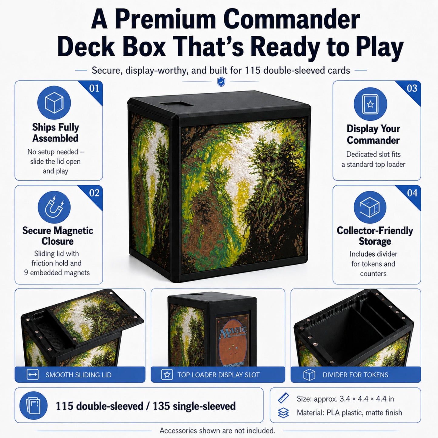 MTG Commander Deck Box PRISM Series, branded feature infographic showing capacity and closure details — Chaos Studio Georgia