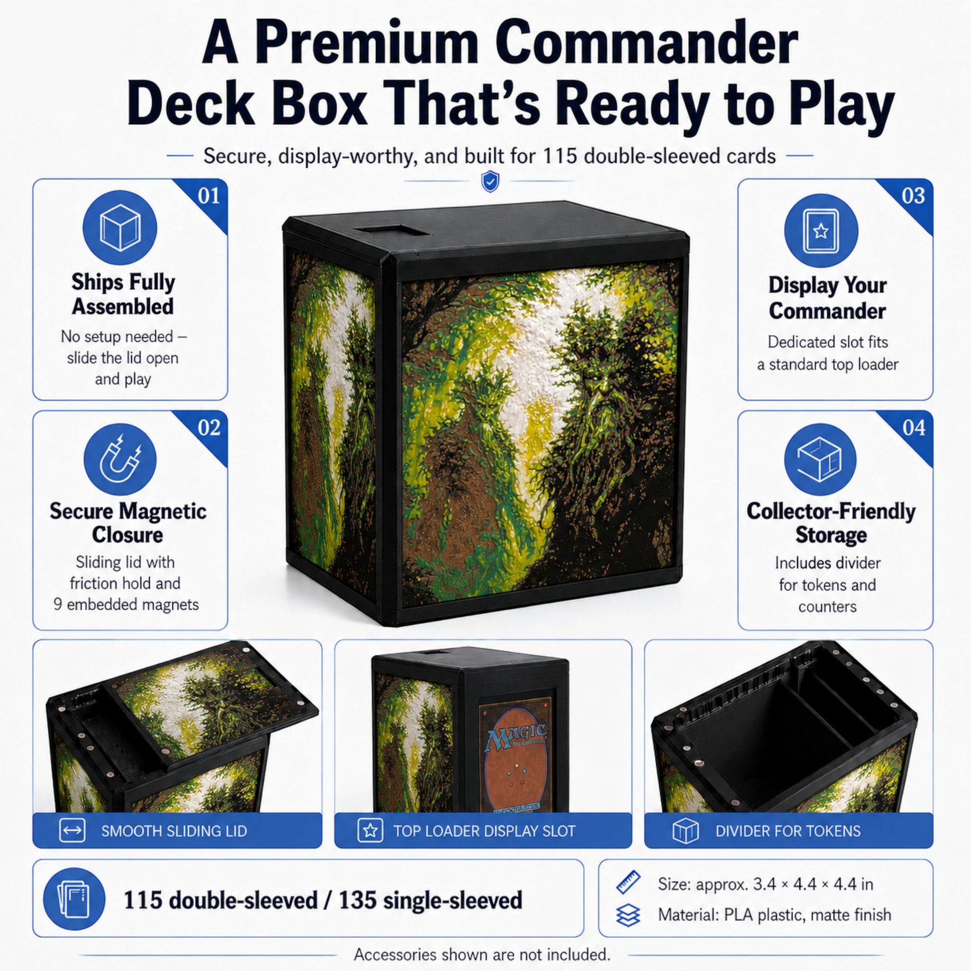 MTG Commander Deck Box PRISM Series, branded feature infographic showing capacity and closure details — Chaos Studio Georgia