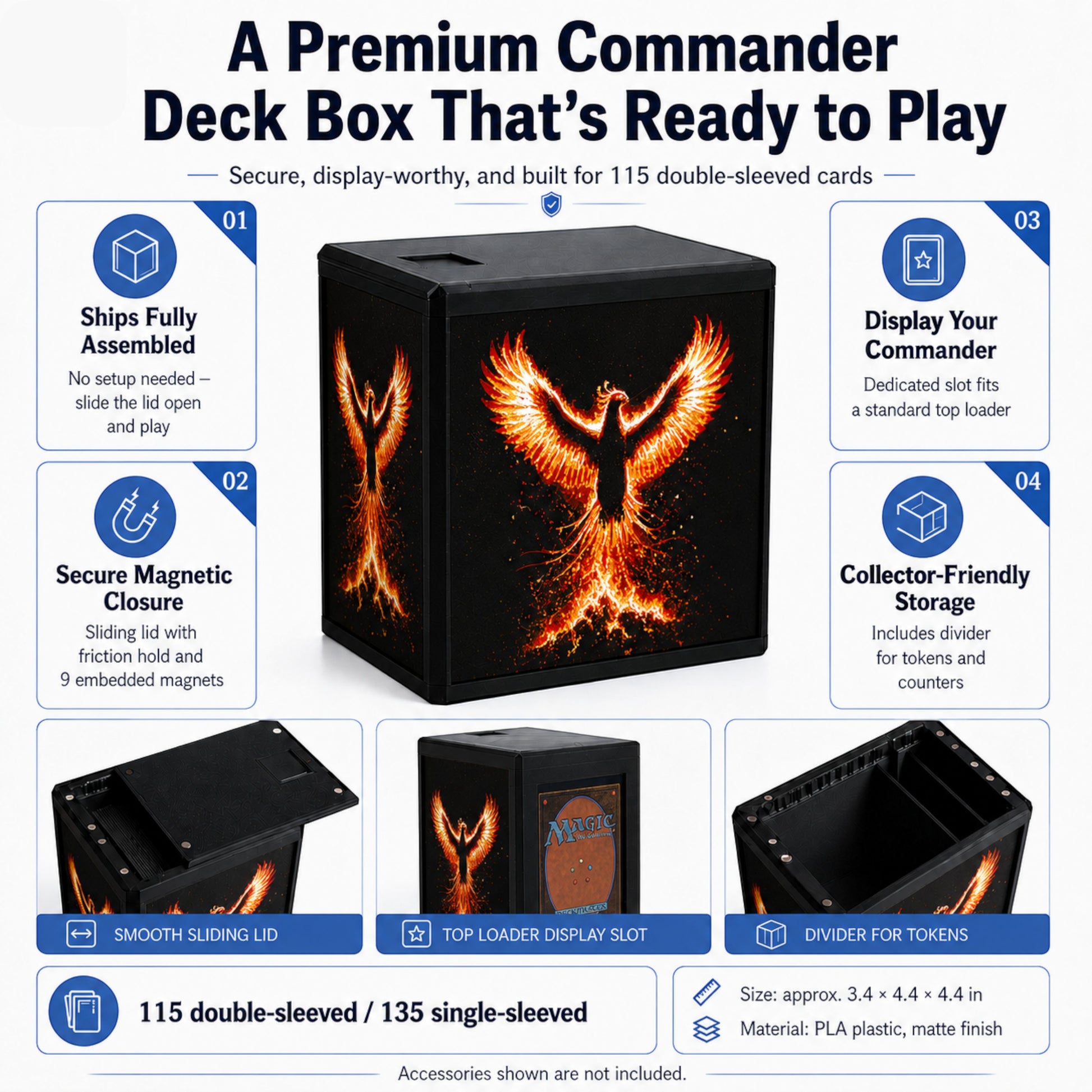 MTG Commander Deck Box PRISM Series, branded feature infographic showing capacity and closure details — Chaos Studio Georgia