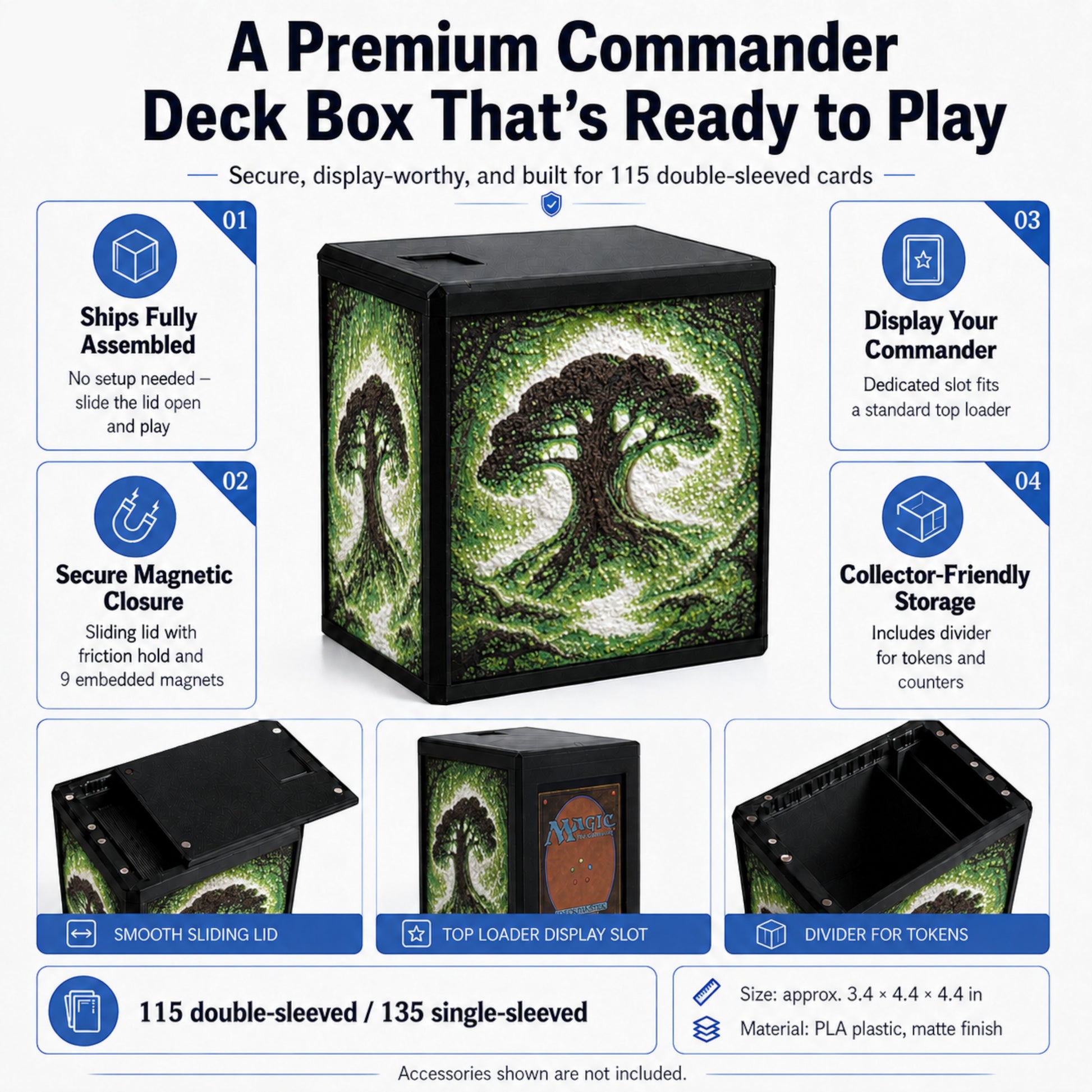MTG Commander Deck Box PRISM Series, branded feature infographic showing capacity and closure details — Chaos Studio Georgia