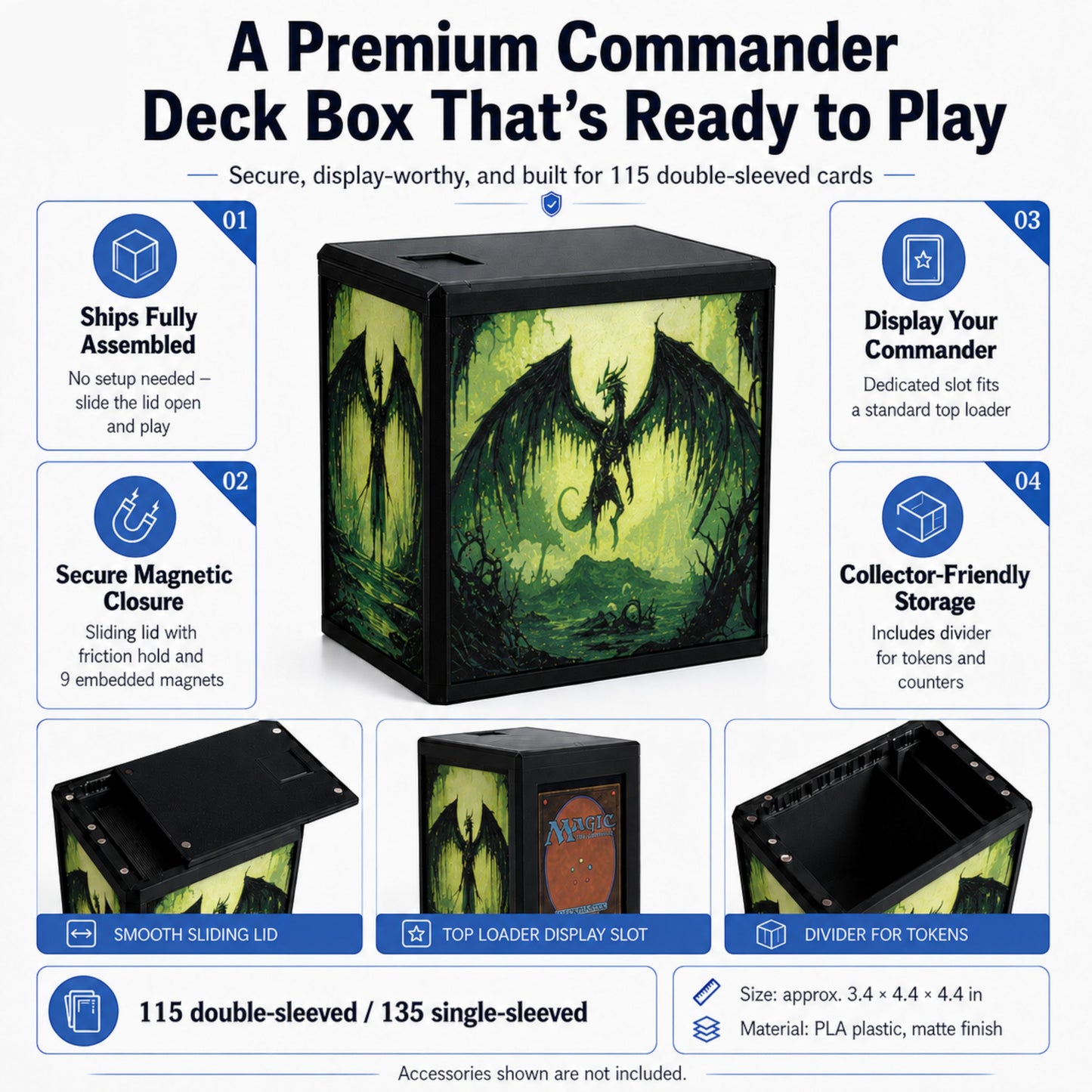 MTG Commander Deck Box PRISM Series, branded feature infographic showing capacity and closure details — Chaos Studio Georgia