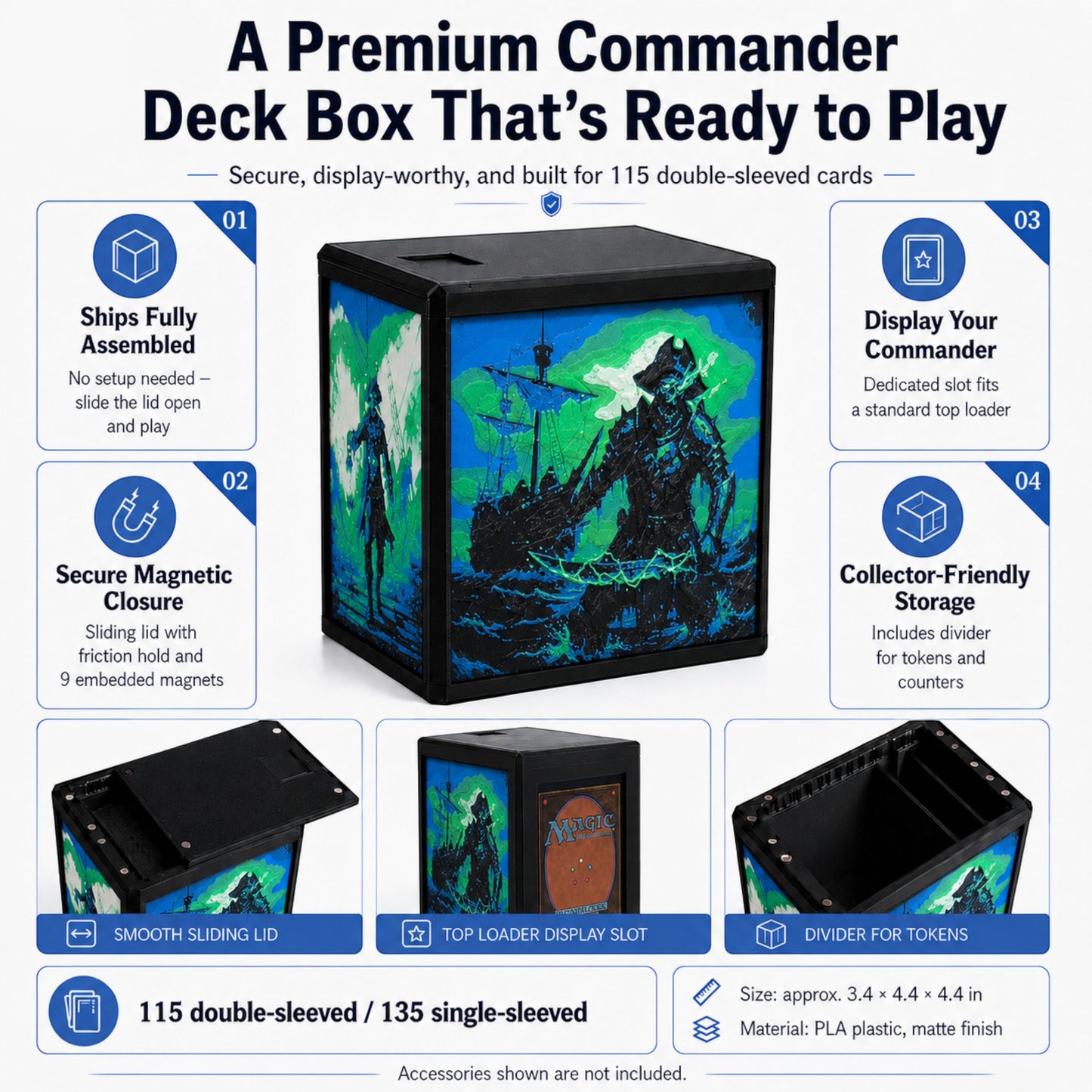 MTG Commander Deck Box PRISM Series, branded feature infographic showing capacity and closure details — Chaos Studio Georgia
