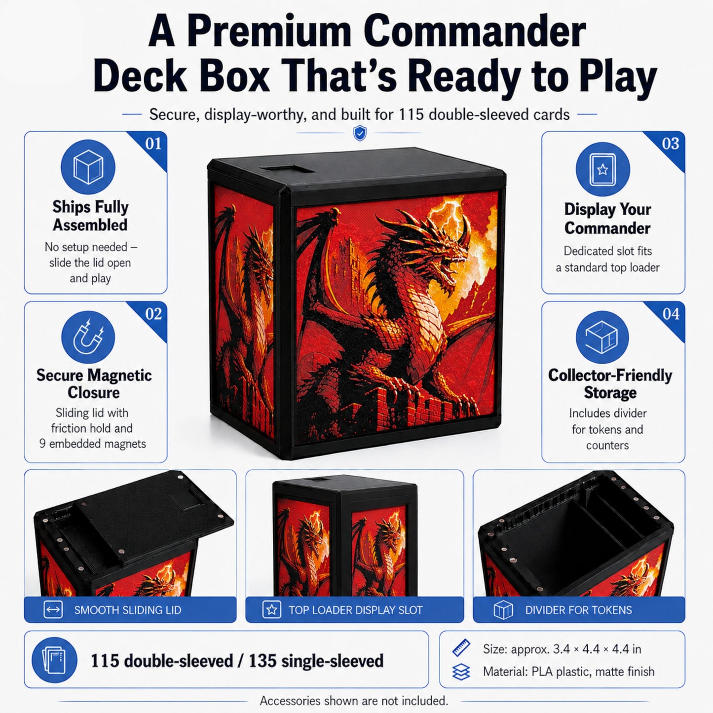 MTG Commander Deck Box PRISM Series, branded feature infographic showing capacity and closure details — Chaos Studio Georgia