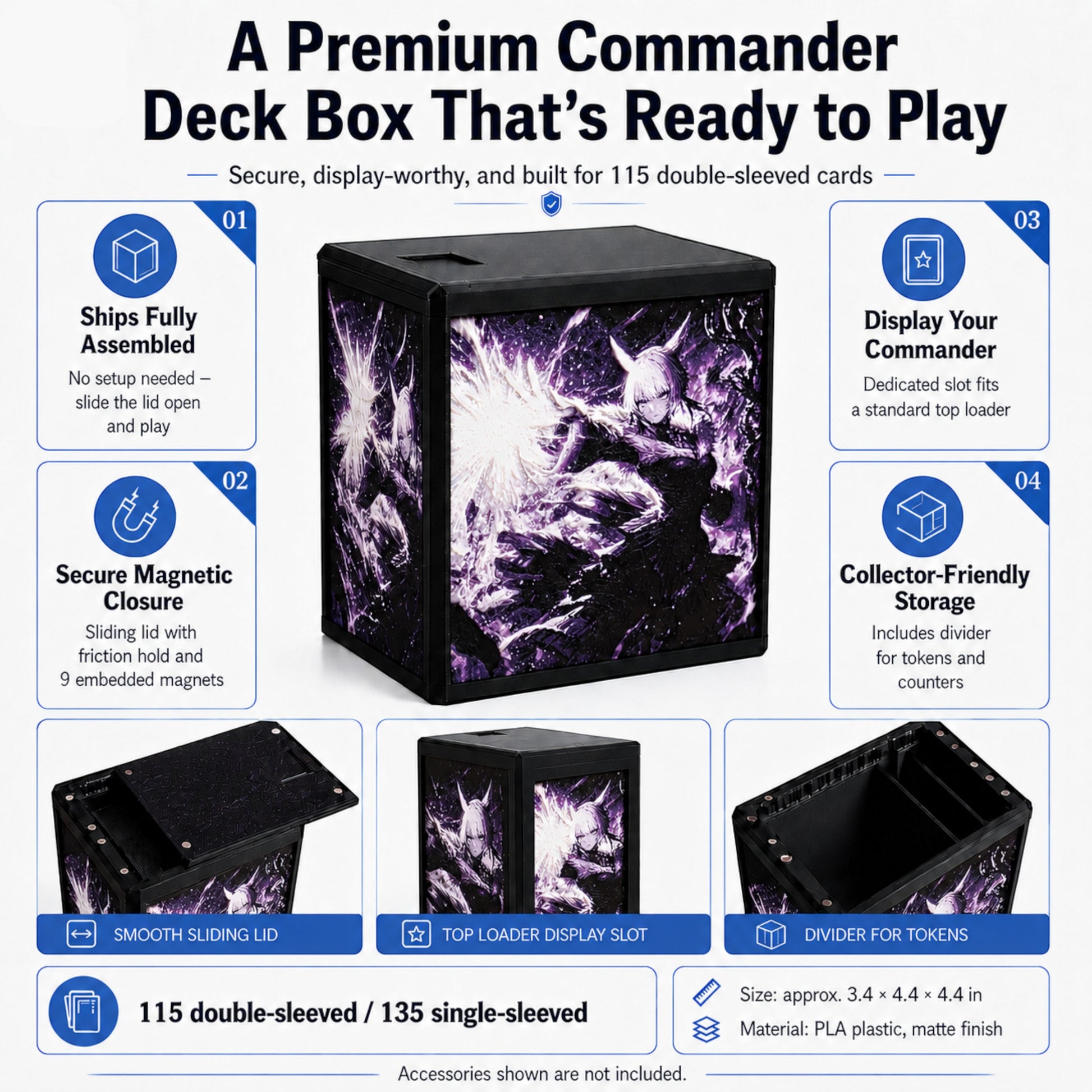 MTG Commander Deck Box PRISM Series, branded feature infographic showing capacity and closure details — Chaos Studio Georgia