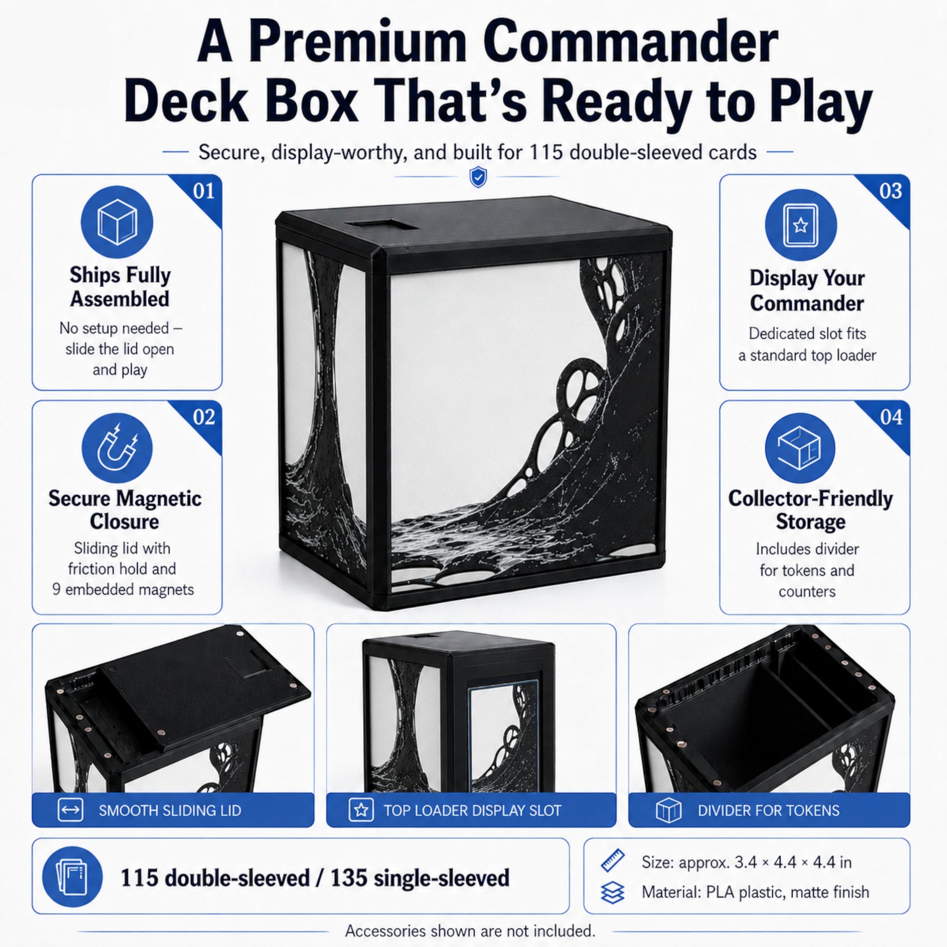MTG Commander Deck Box PRISM Series, branded feature infographic showing capacity and closure details — Chaos Studio Georgia
