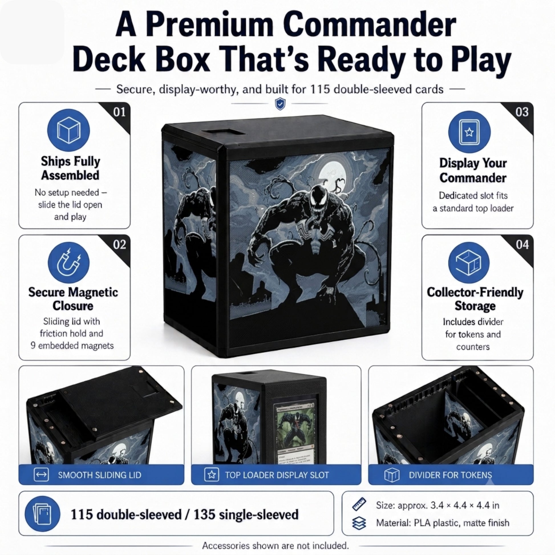 MTG Commander Deck Box PRISM Series, branded feature infographic showing capacity and closure details — Chaos Studio Georgia