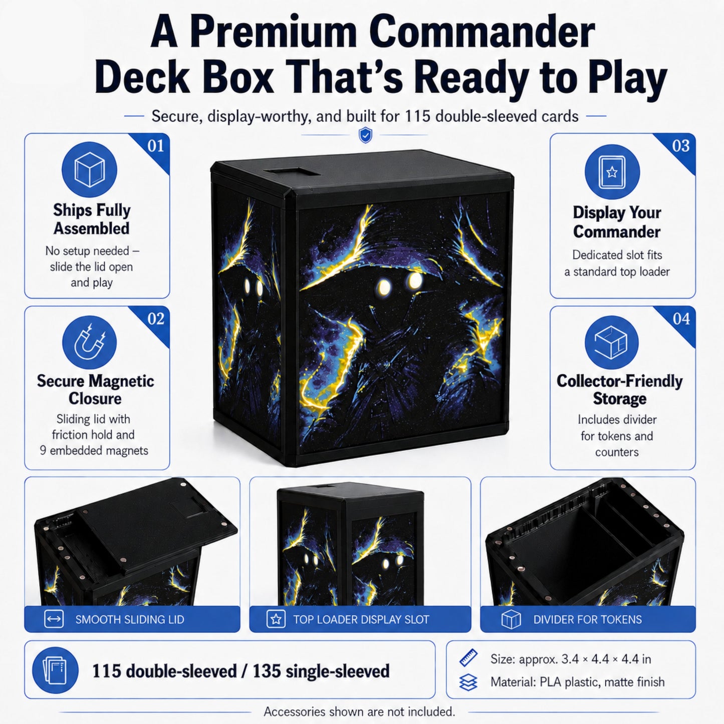 MTG Commander Deck Box PRISM Series, branded feature infographic showing capacity and closure details — Chaos Studio Georgia