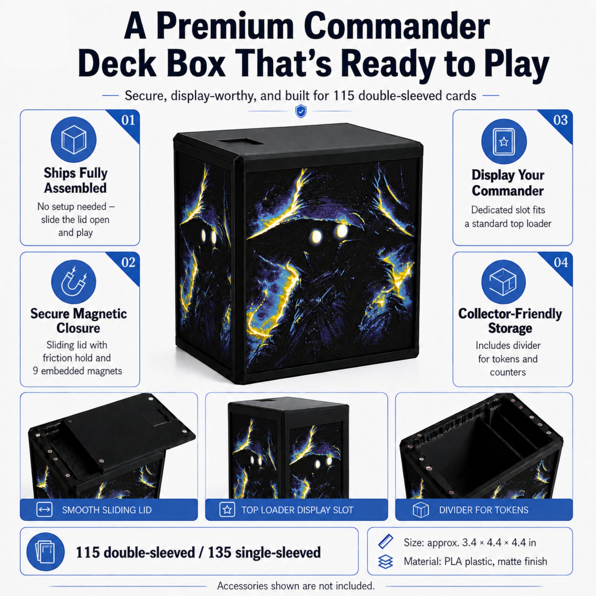 MTG Commander Deck Box PRISM Series, branded feature infographic showing capacity and closure details — Chaos Studio Georgia