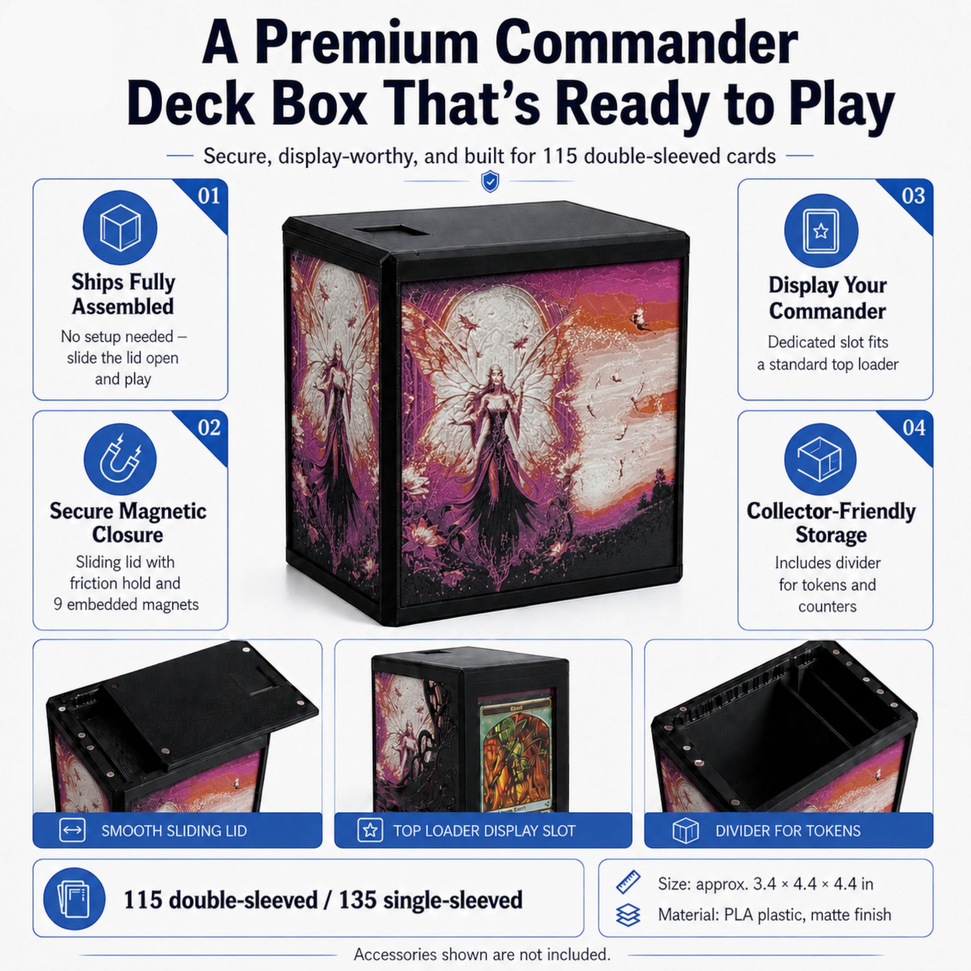 MTG Commander Deck Box PRISM series feature infographic showing lid, top loader slot and divider — Chaos Studio Georgia
