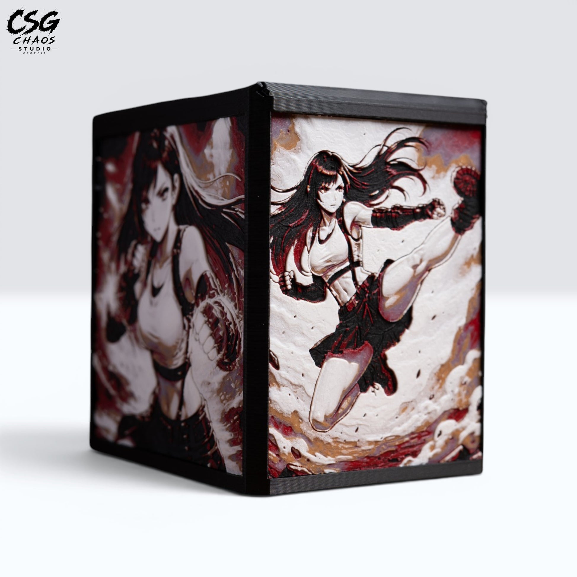 MTG Commander Deck Box PRISM Series, corner view with fighter character art in red and cream tones — Chaos Studio Georgia