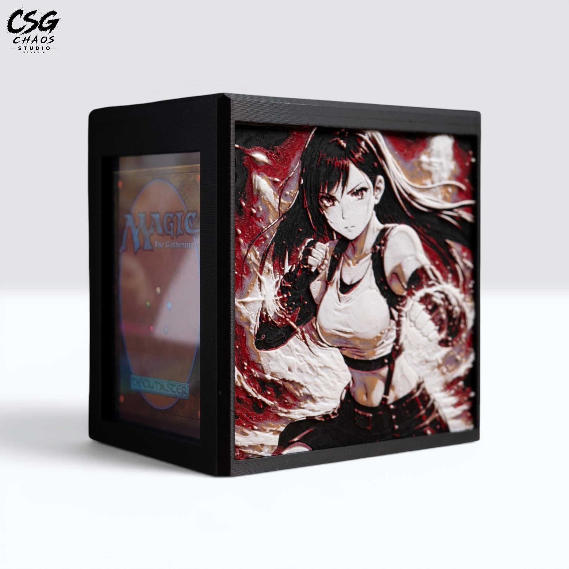 MTG Commander Deck Box PRISM Series, angled front view with lid open showing card slot and fighter art panel — Chaos Studio Georgia