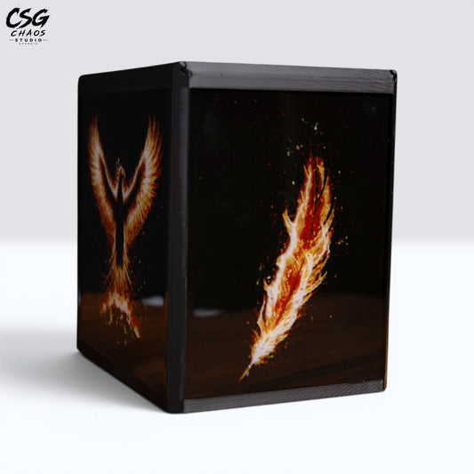 MTG Commander Deck Box PRISM Series, corner view with fiery phoenix wings art on black background — Chaos Studio Georgia