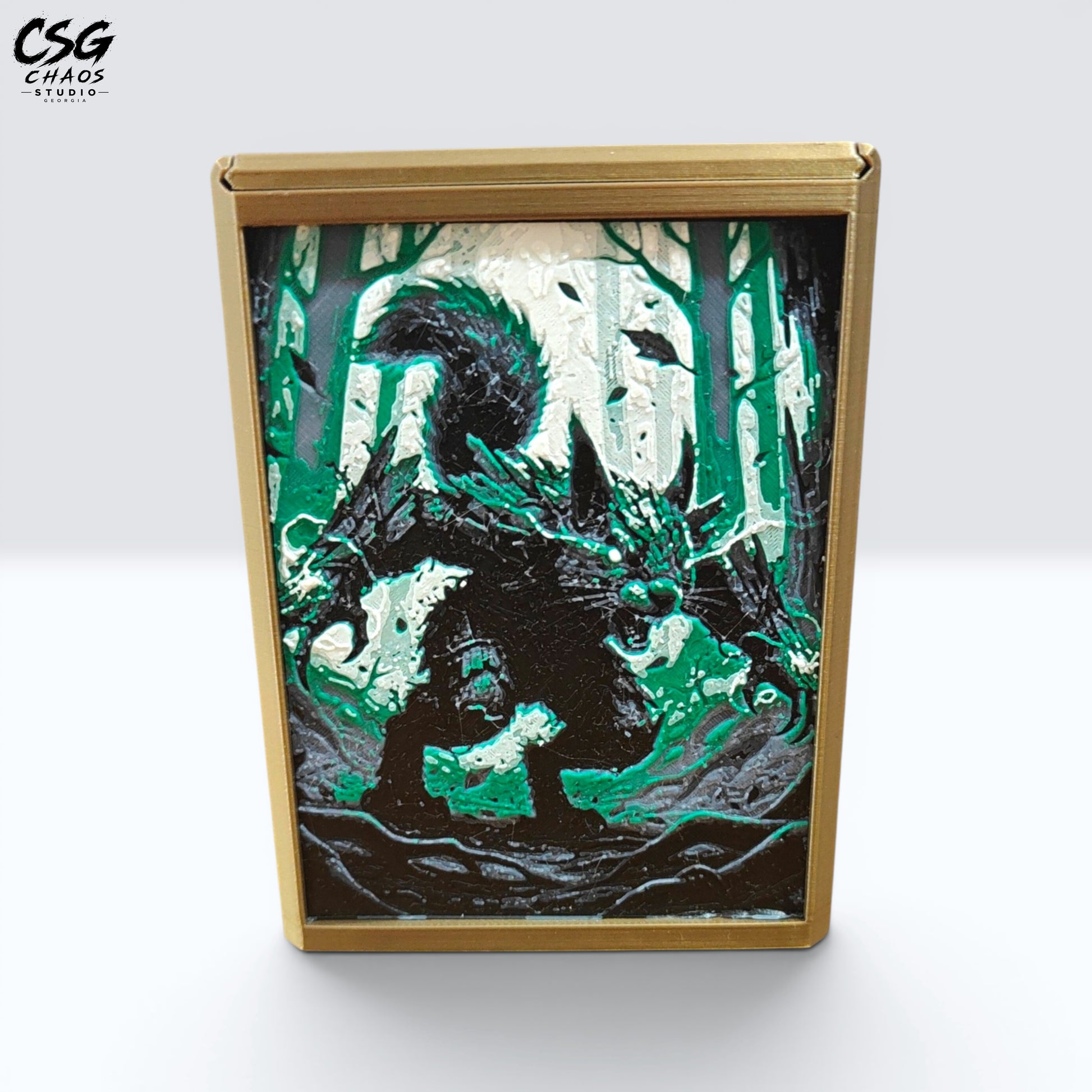 MTG Commander Deck Box PRISM series, front-facing forest warrior squirrel Hueforge panel art — Chaos Studio Georgia