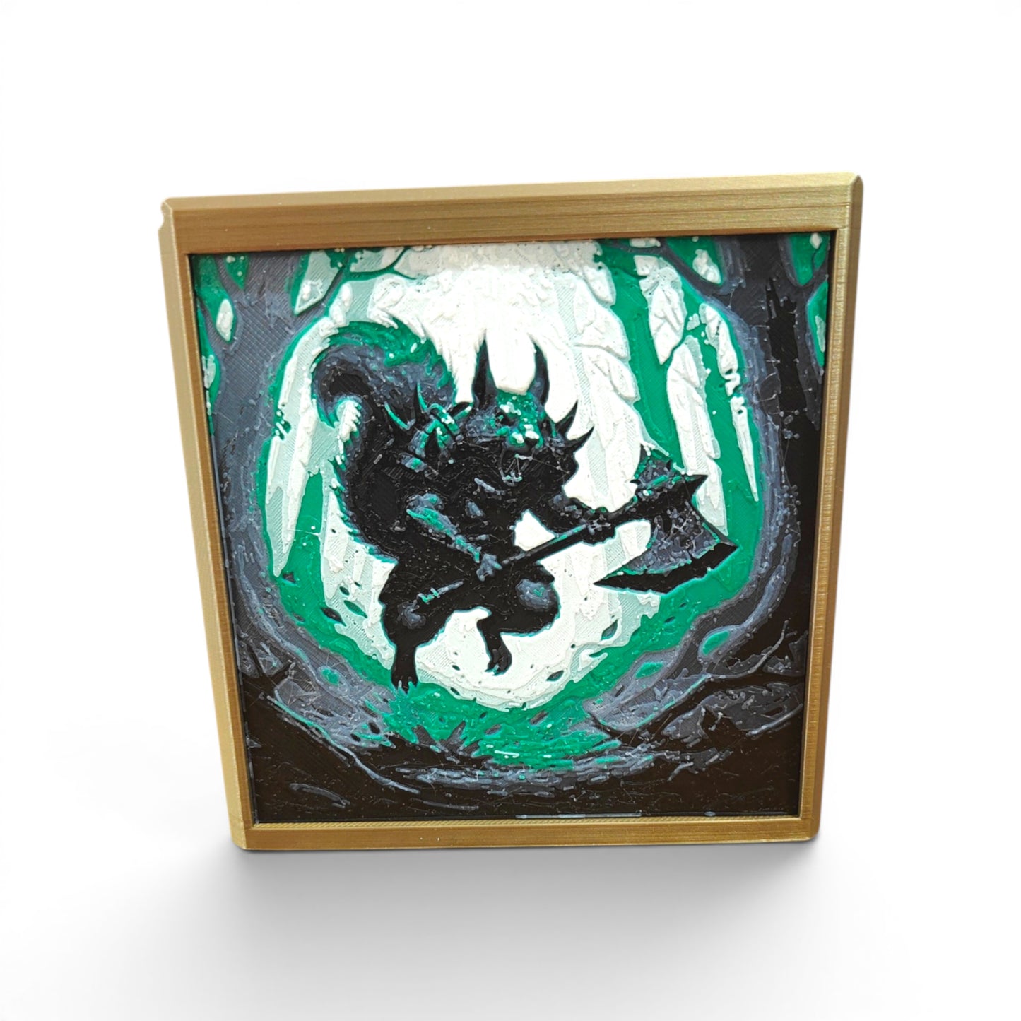 MTG Commander Deck Box PRISM series, 3/4 angle forest warrior squirrel design in Hueforge art — Chaos Studio Georgia