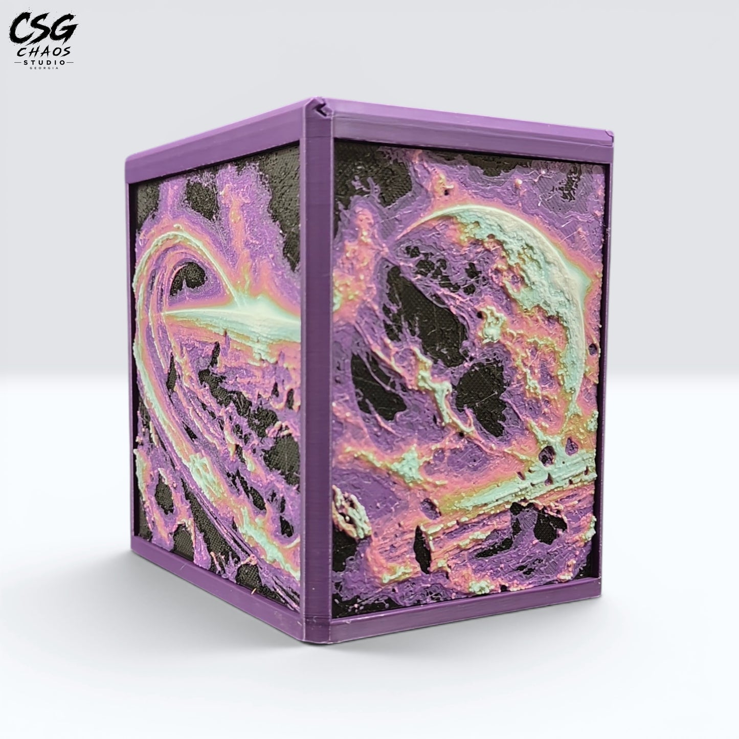 MTG Commander Deck Box PRISM Series, corner angle view highlighting purple nebula and planet panel art — Chaos Studio Georgia
