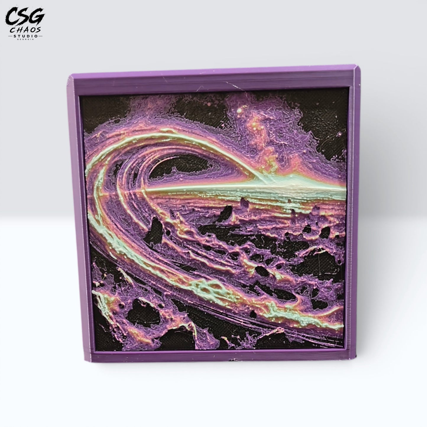 MTG Commander Deck Box PRISM Series, front view with purple galaxy swirl panel art on white — Chaos Studio Georgia