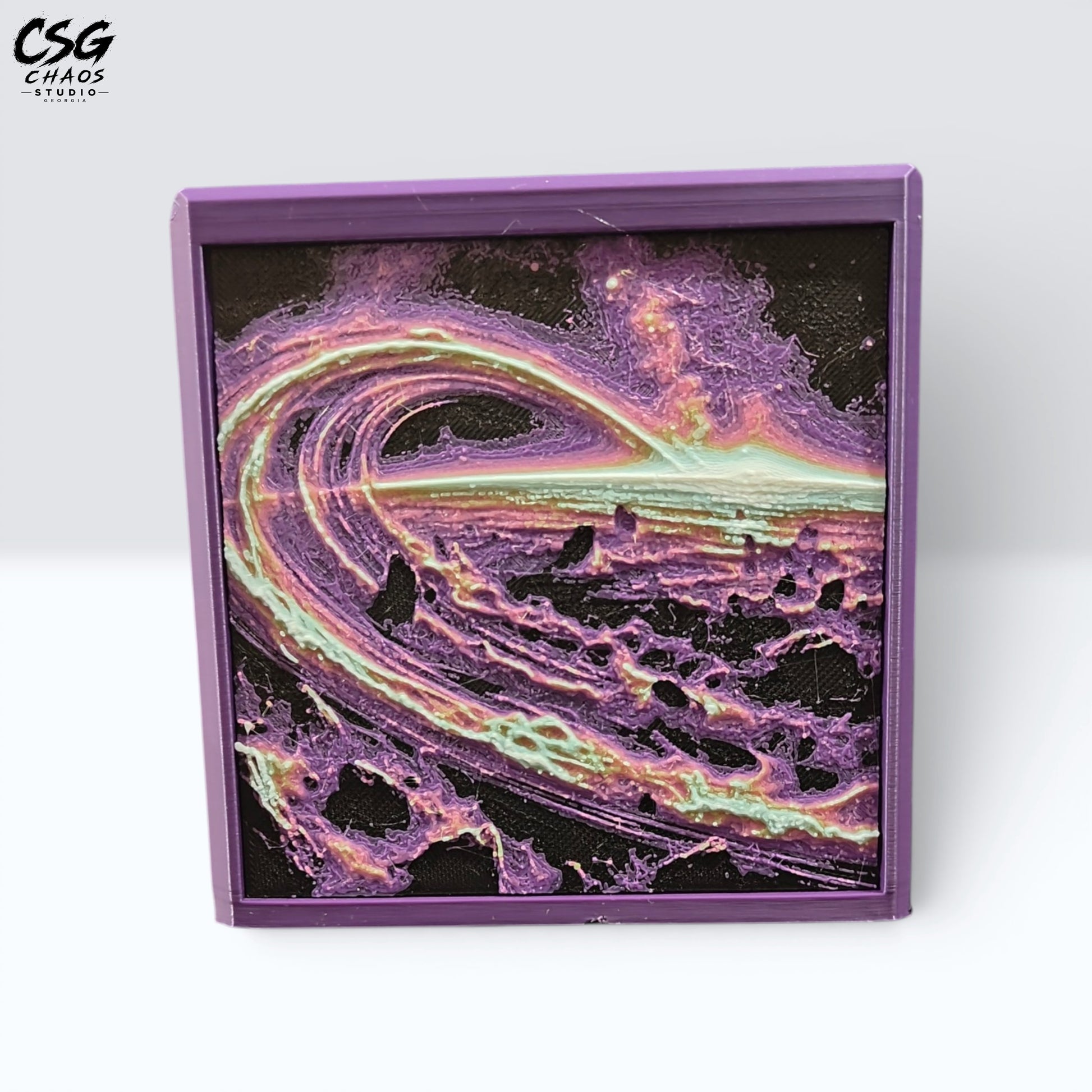 MTG Commander Deck Box PRISM Series, front view with purple galaxy swirl panel art on white — Chaos Studio Georgia