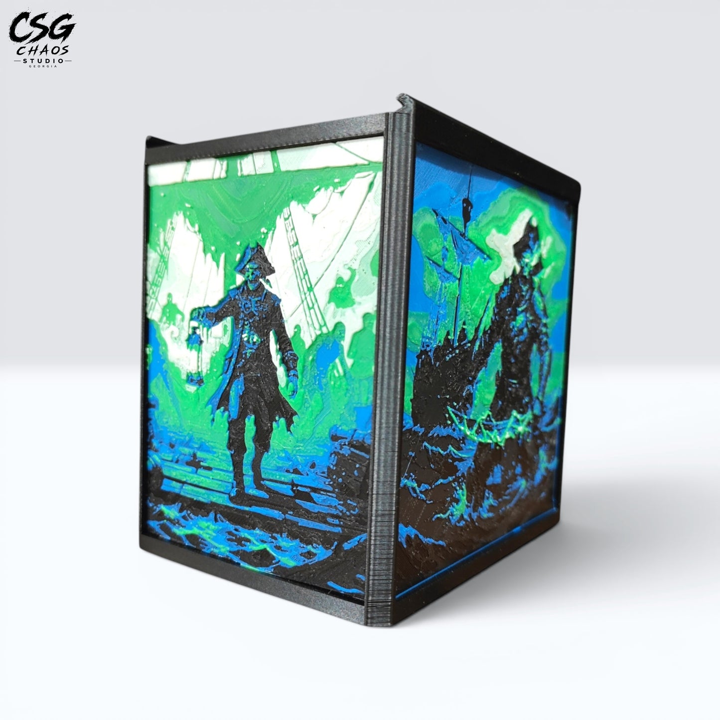 MTG Commander Deck Box PRISM Series, front view of glowing ghost pirate captain panel art on white background — Chaos Studio Georgia