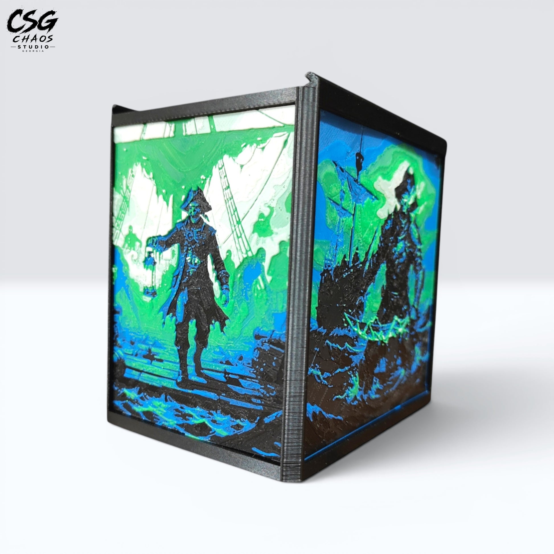 MTG Commander Deck Box PRISM Series, front view of glowing ghost pirate captain panel art on white background — Chaos Studio Georgia