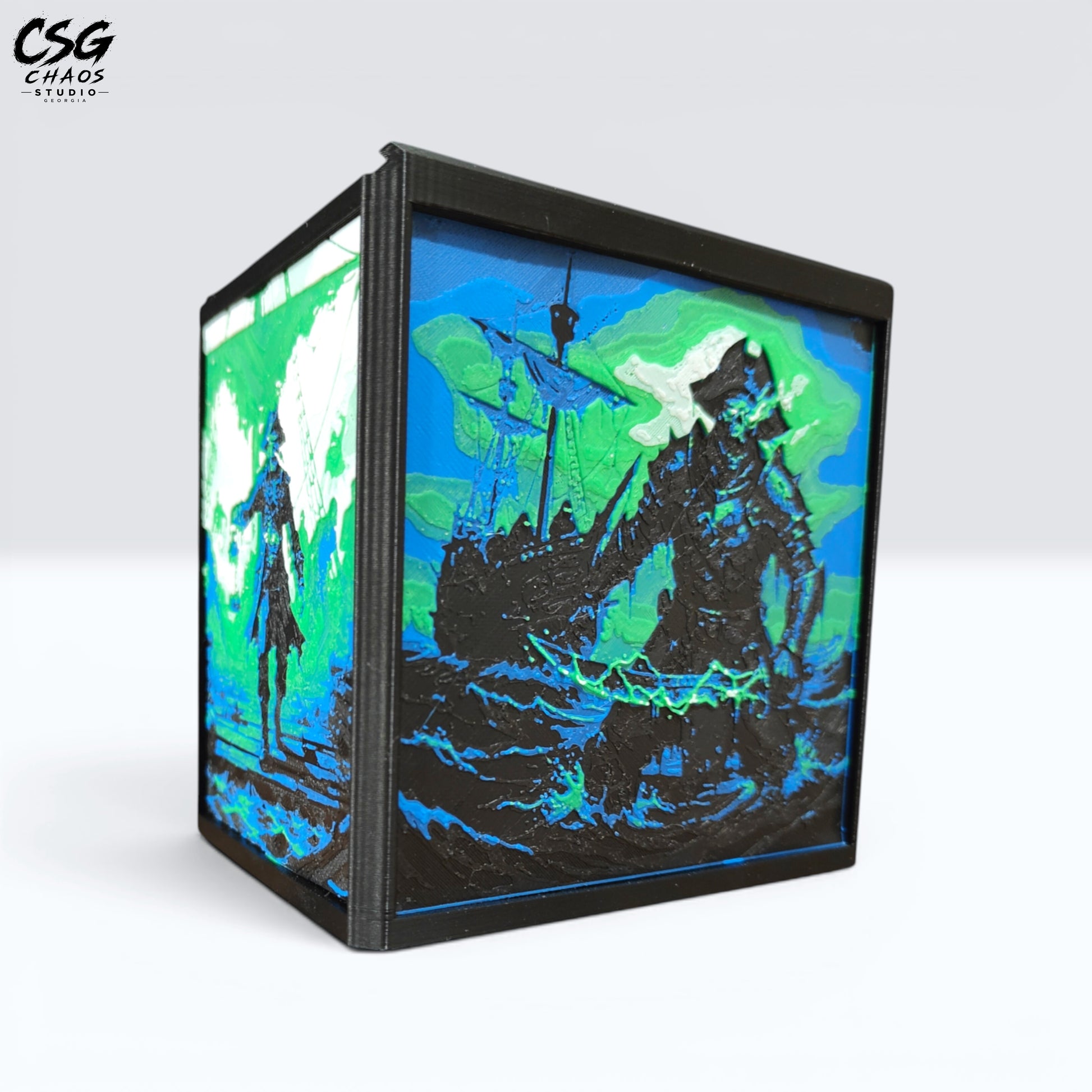 MTG Commander Deck Box PRISM Series, corner angle view of ghostly ship and captain panel art on white background — Chaos Studio Georgia