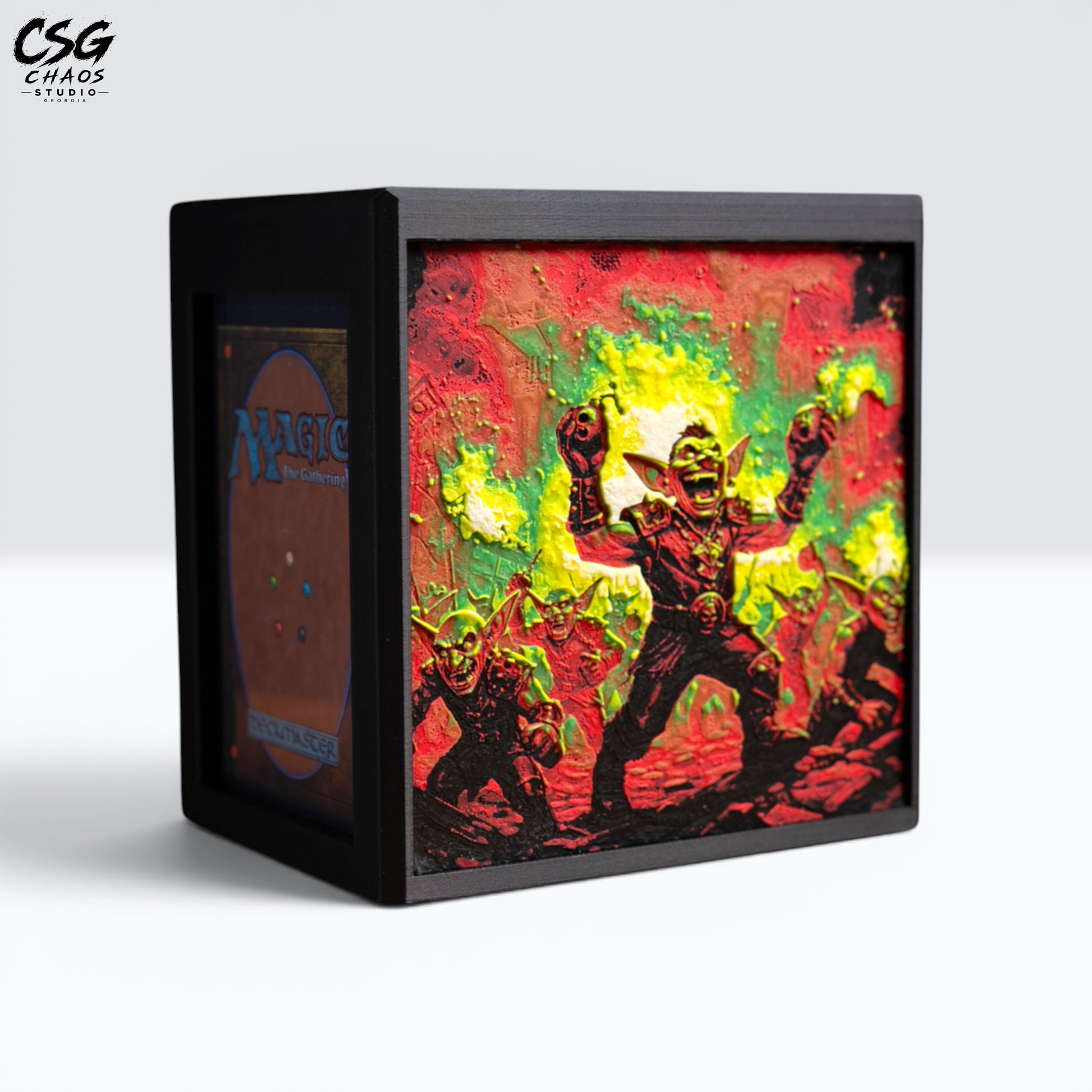 MTG Commander Deck Box PRISM Series, corner angle with red and green goblin horde panel art — Chaos Studio Georgia