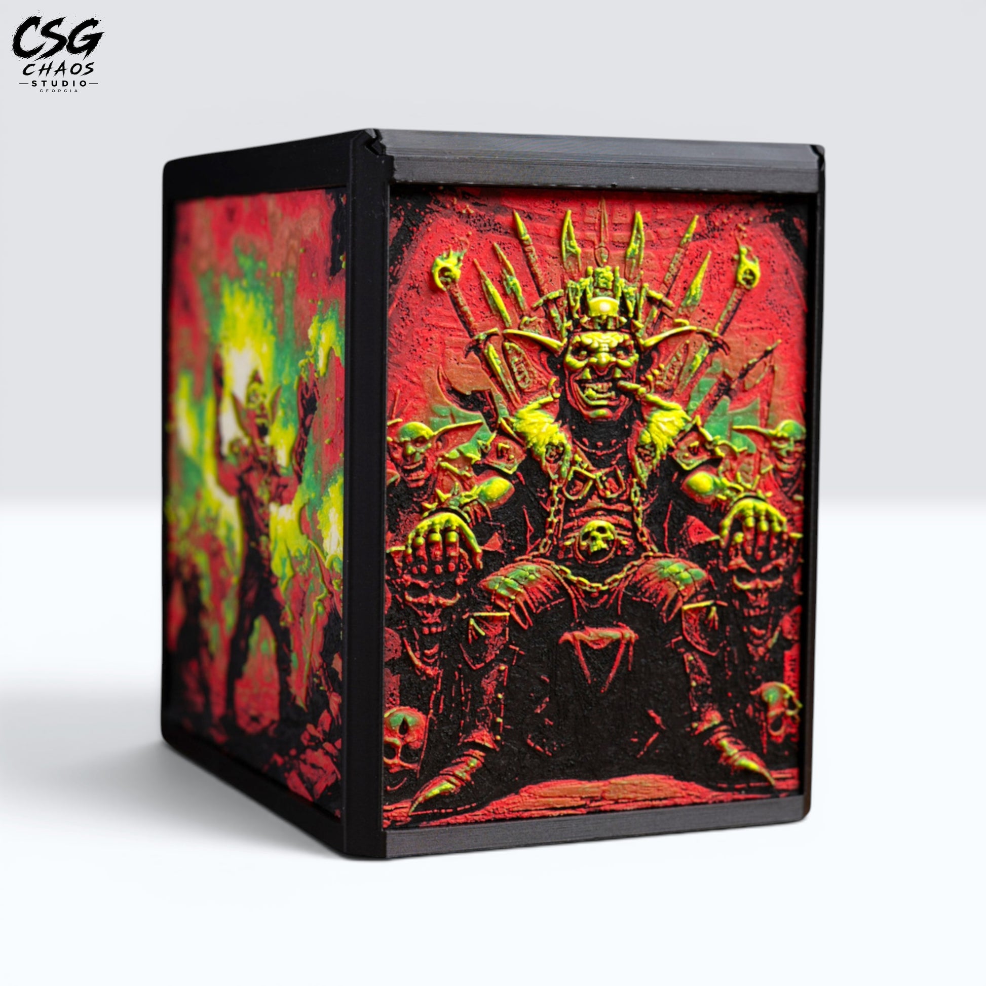 MTG Commander Deck Box PRISM Series, close angle detail of goblin warlord throne panel art — Chaos Studio Georgia