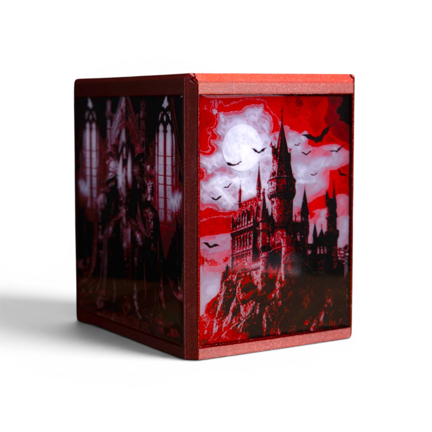 MTG Commander Deck Box PRISM Series, corner view of gothic moonlit castle art on white background — Chaos Studio Georgia
