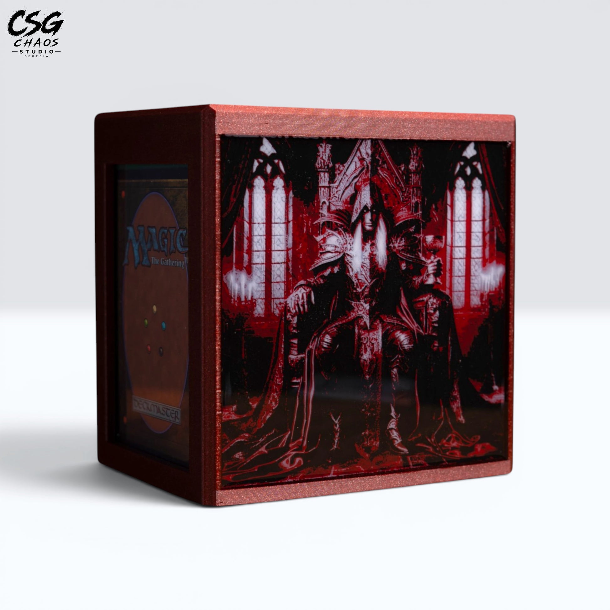 MTG Commander Deck Box PRISM Series, front view of gothic throne room scene on white background — Chaos Studio Georgia