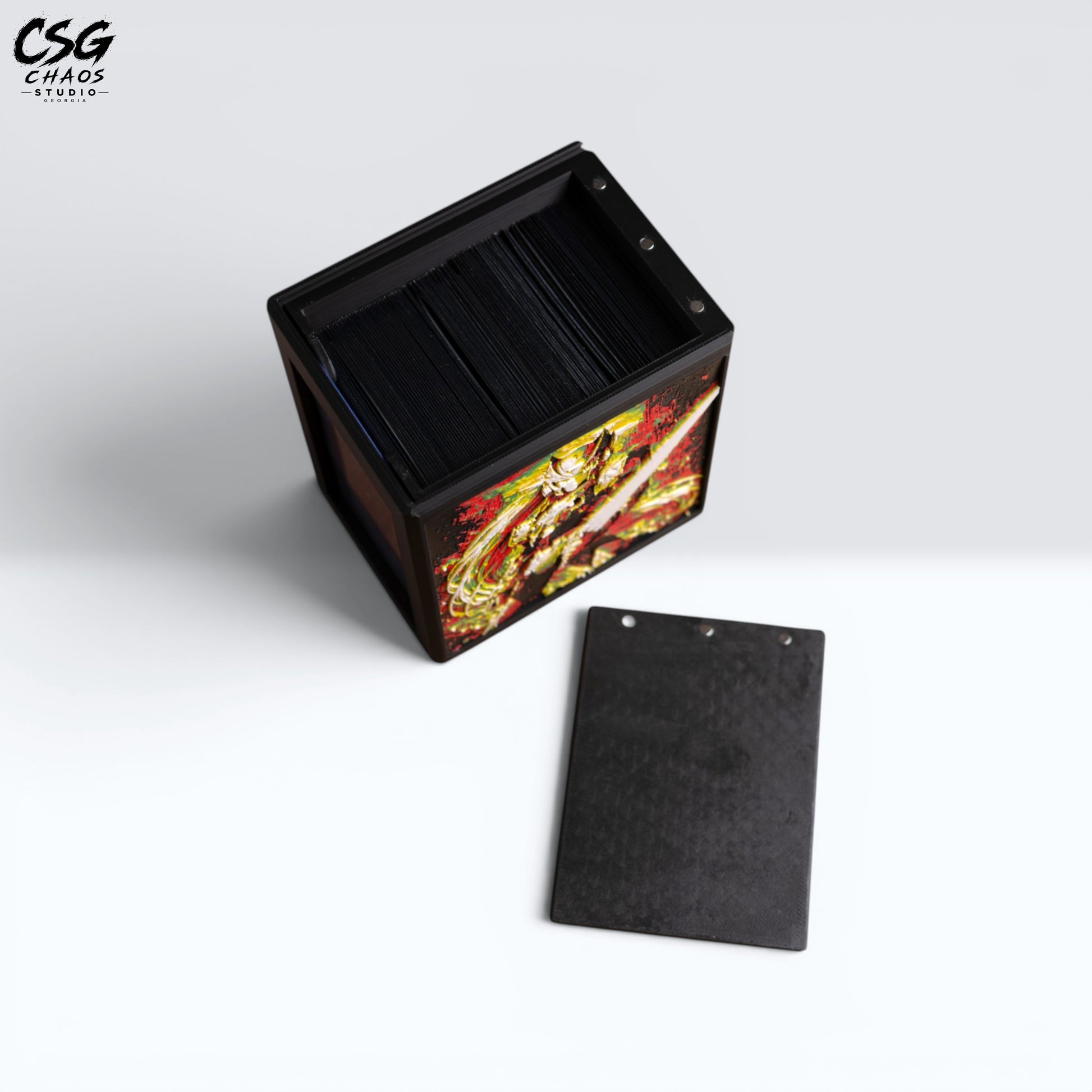 MTG Commander Deck Box PRISM Series, top-down view with lid detached beside the open card-filled box — Chaos Studio Georgia