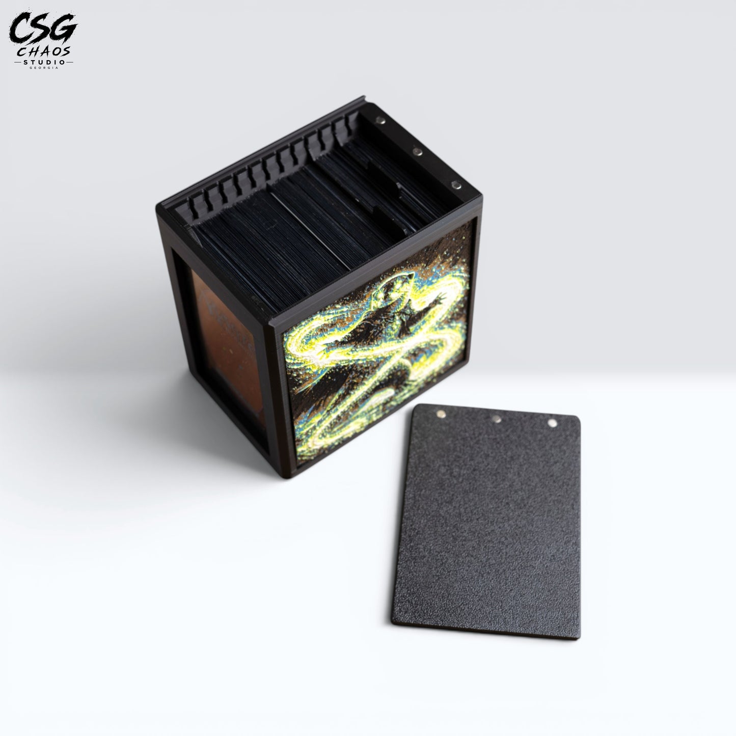 MTG Commander Deck Box PRISM Series, top-down view with lid detached beside the open card-filled box — Chaos Studio Georgia