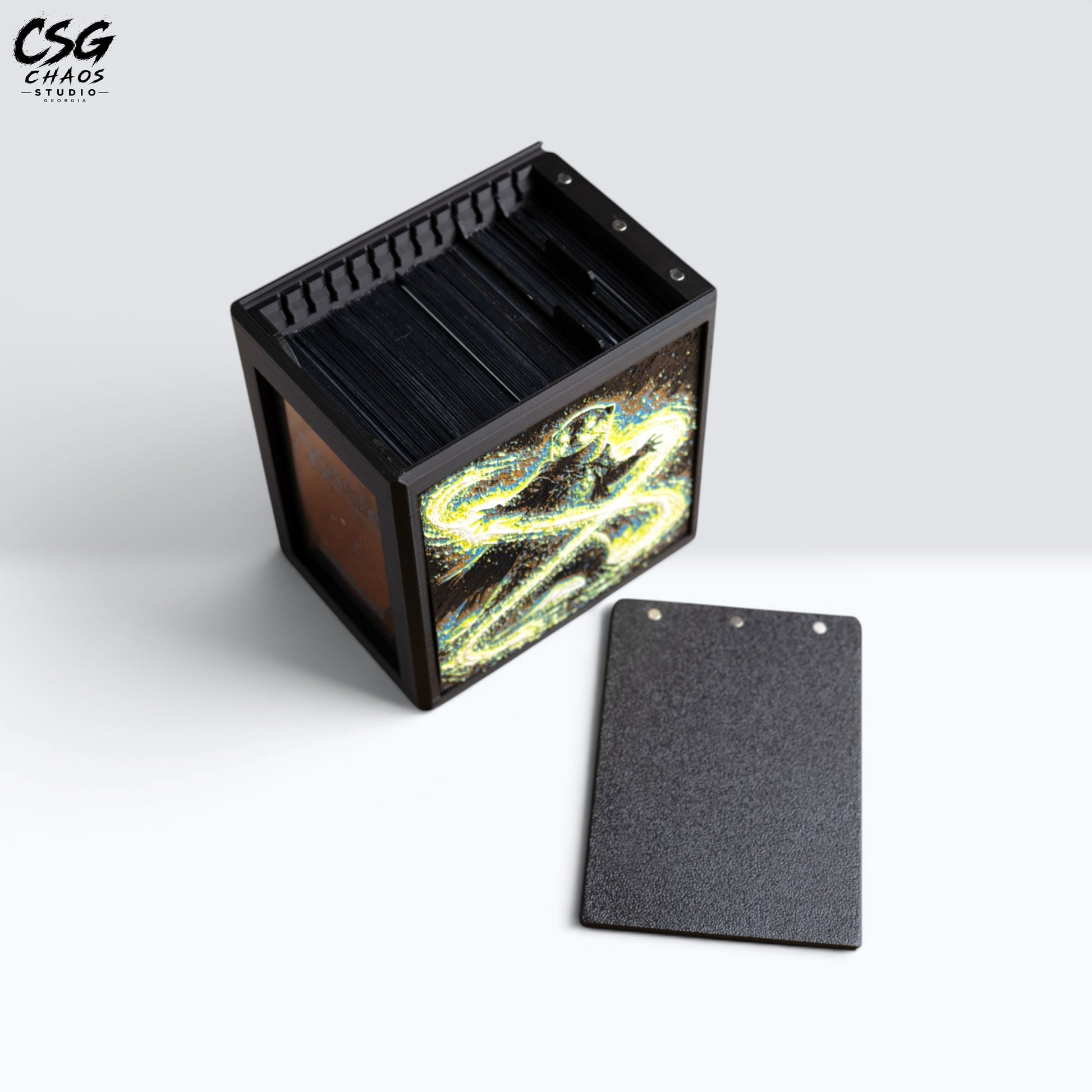 MTG Commander Deck Box PRISM Series, top-down view with lid detached beside the open card-filled box — Chaos Studio Georgia