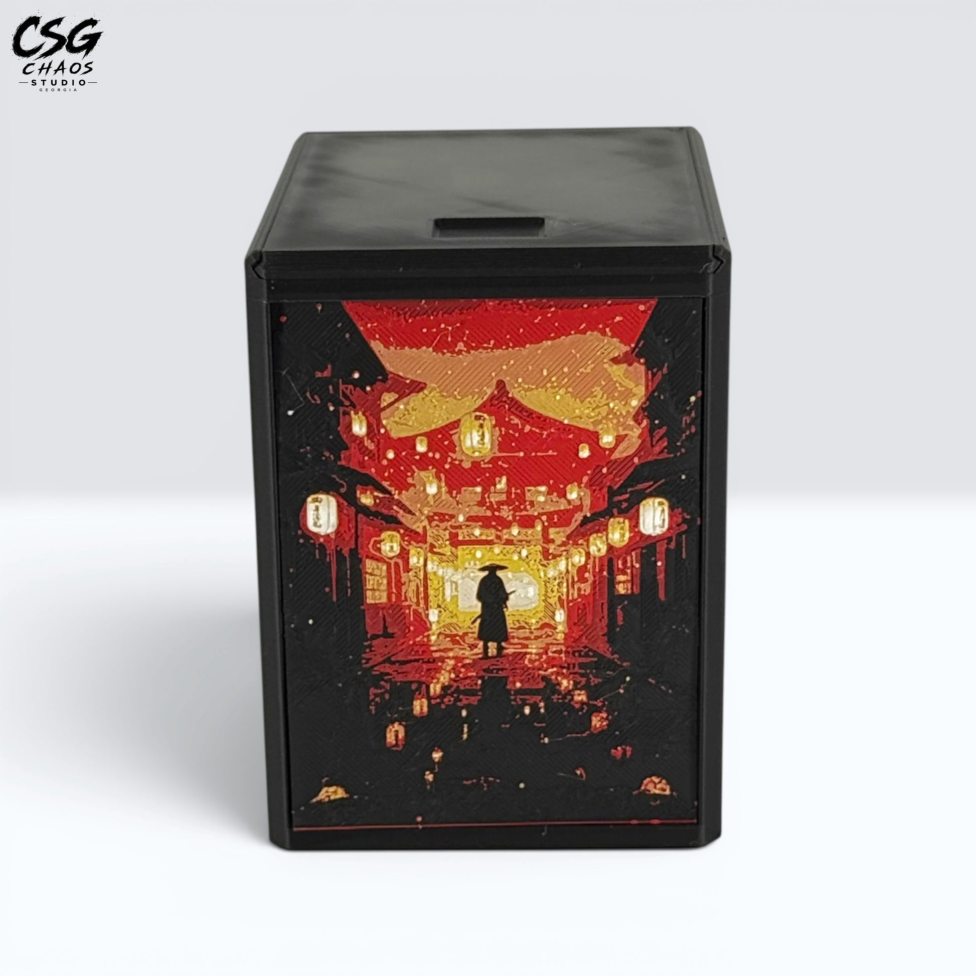 MTG Commander Deck Box PRISM series, sliding lid open showing sleeved cards stored inside — Chaos Studio Georgia