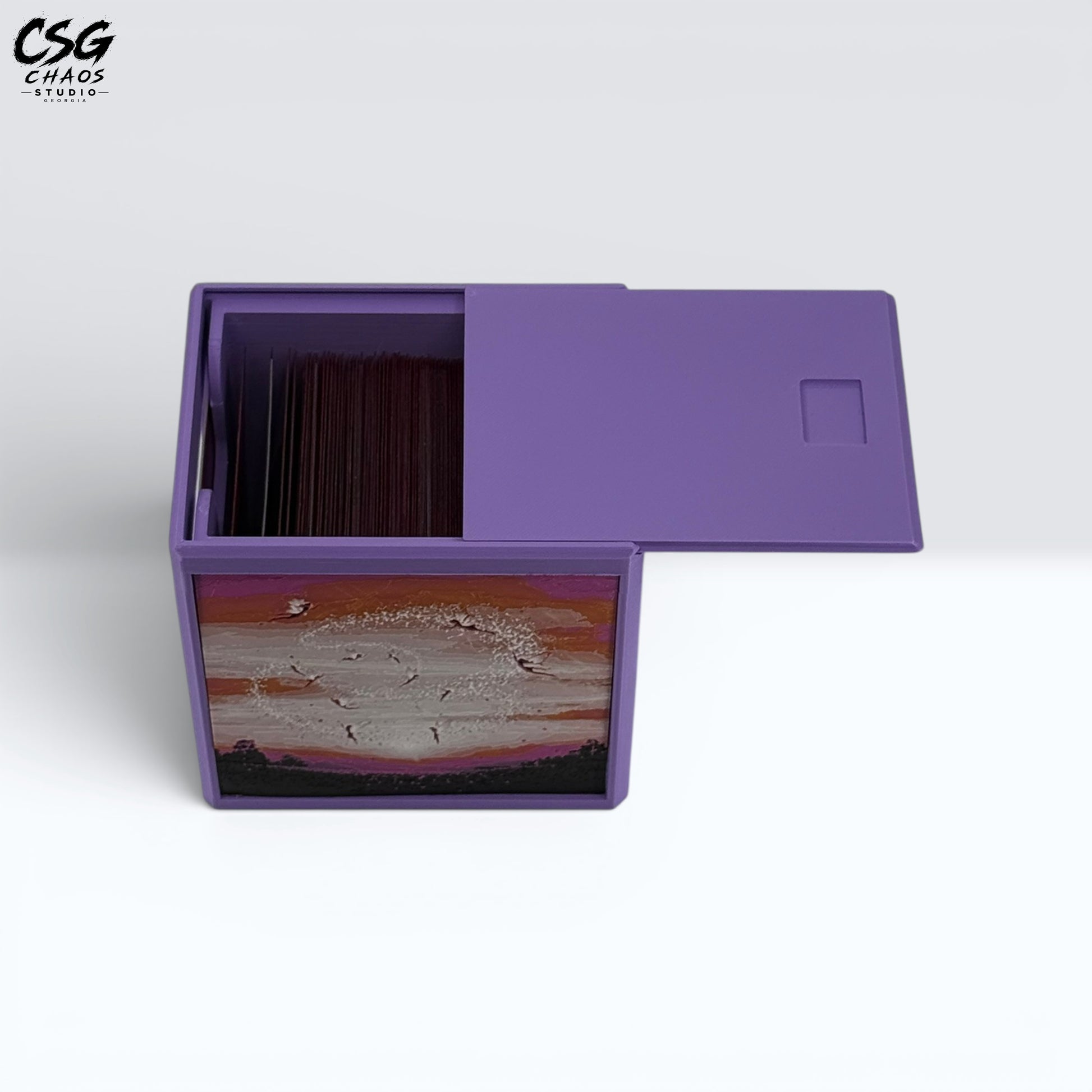 MTG Commander Deck Box PRISM series, sliding lid open showing the divider and stored cards inside — Chaos Studio Georgia