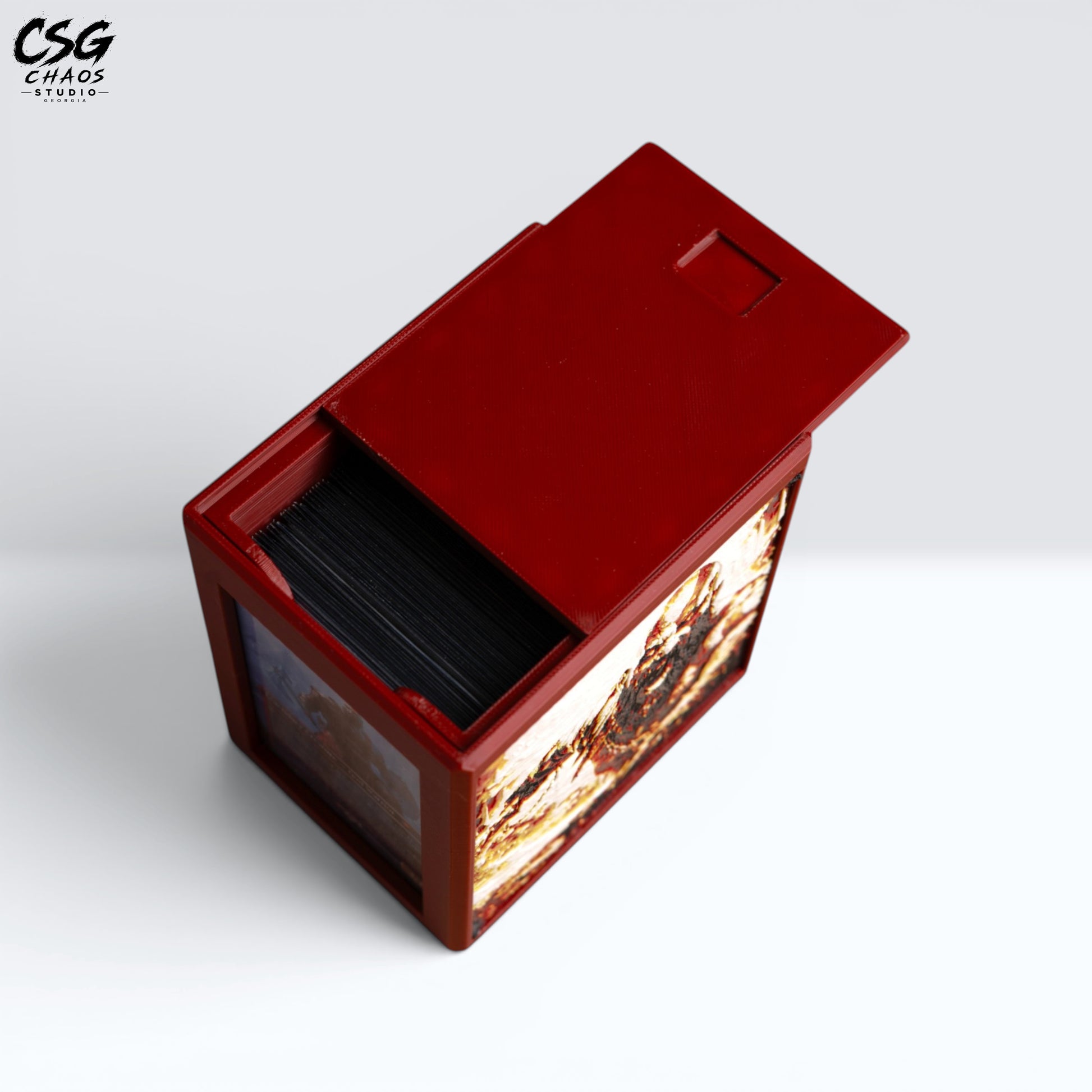MTG Commander Deck Box PRISM Series, top-down view with lid open showing sleeved cards inside — Chaos Studio Georgia