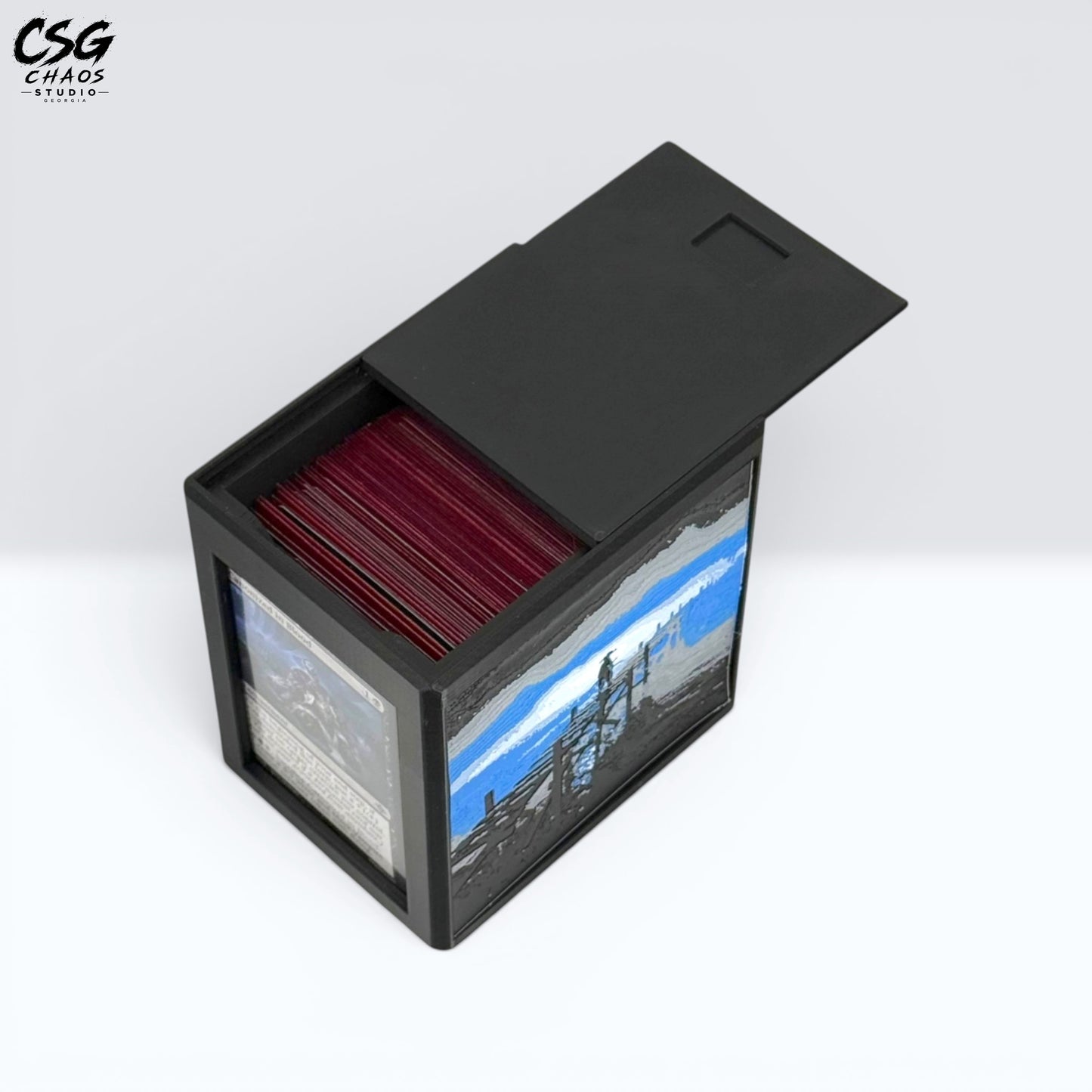 MTG Commander Deck Box PRISM Series, open lid view showing sleeved card stack inside the box — Chaos Studio Georgia