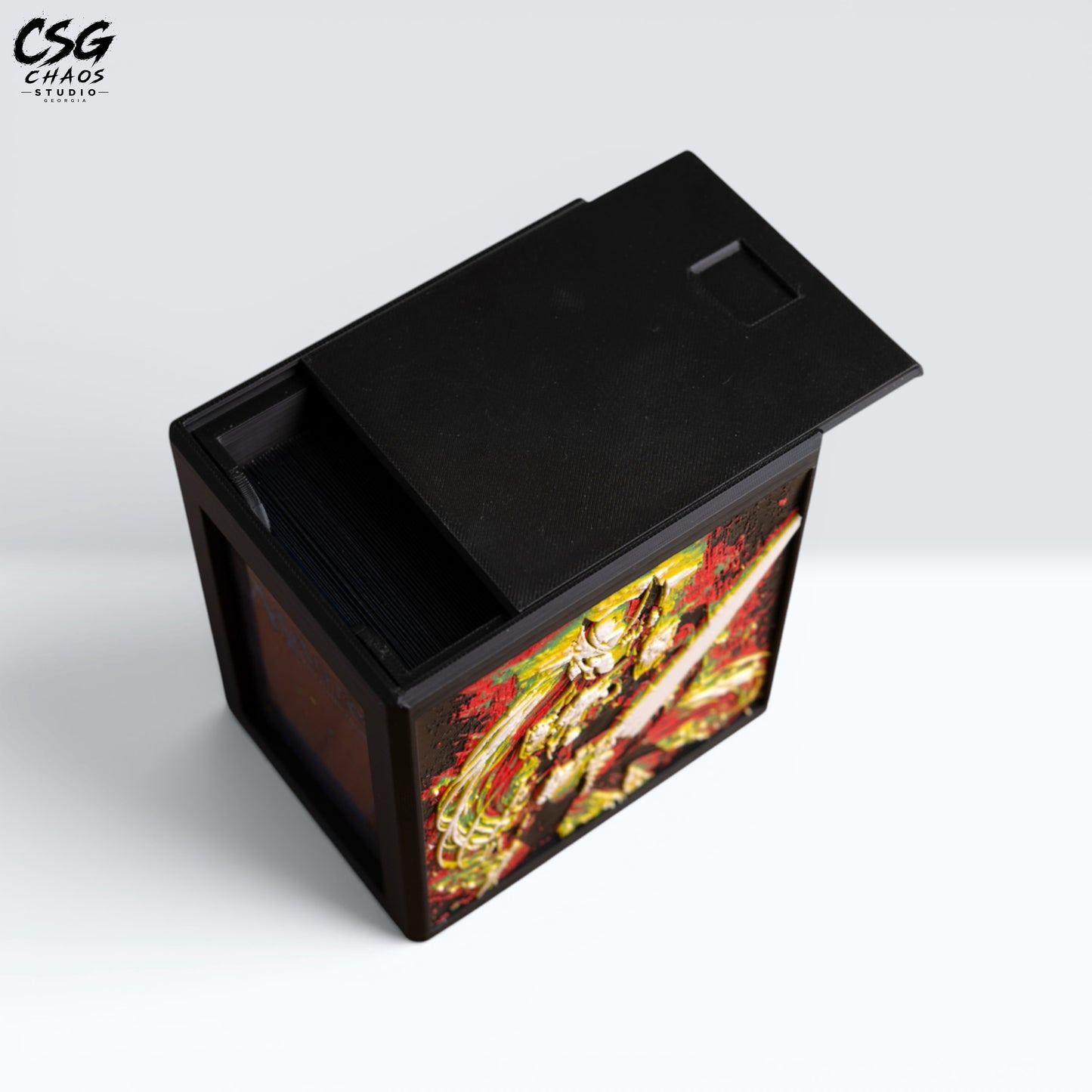 MTG Commander Deck Box PRISM Series, top-down view with lid open showing sleeved cards inside — Chaos Studio Georgia