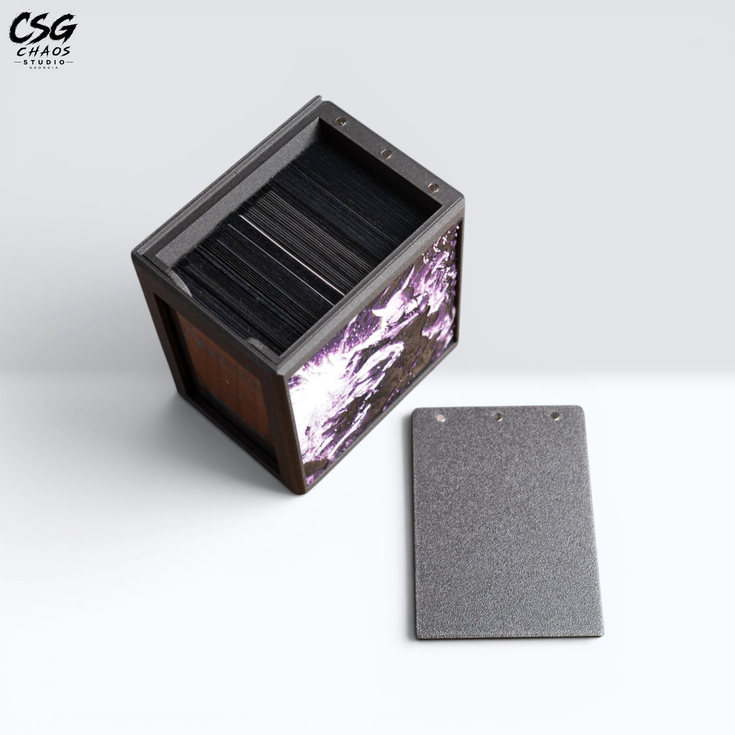 MTG Commander Deck Box PRISM Series, lid removed showing interior divider and stored cards on white background — Chaos Studio Georgia