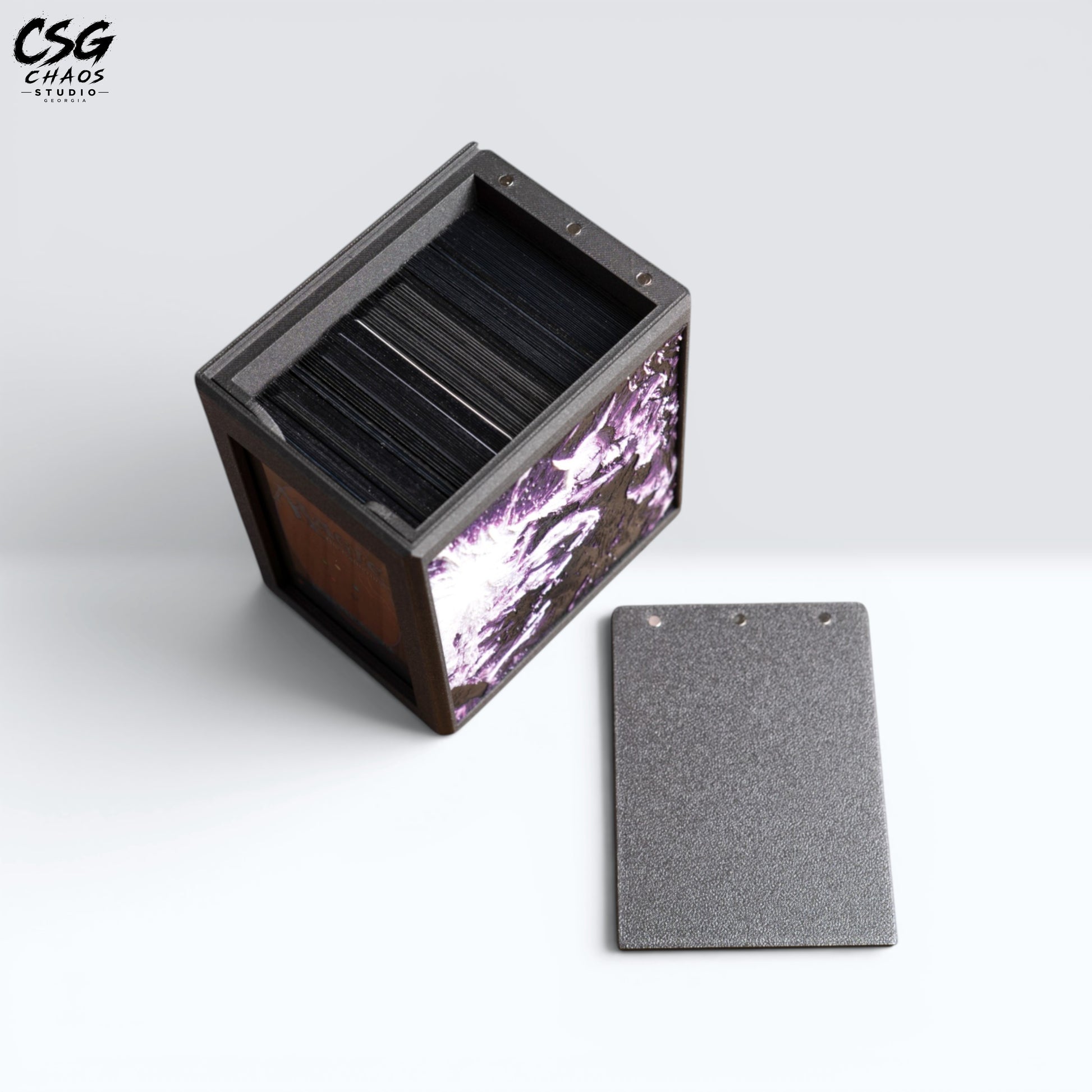 MTG Commander Deck Box PRISM Series, lid removed showing interior divider and stored cards on white background — Chaos Studio Georgia