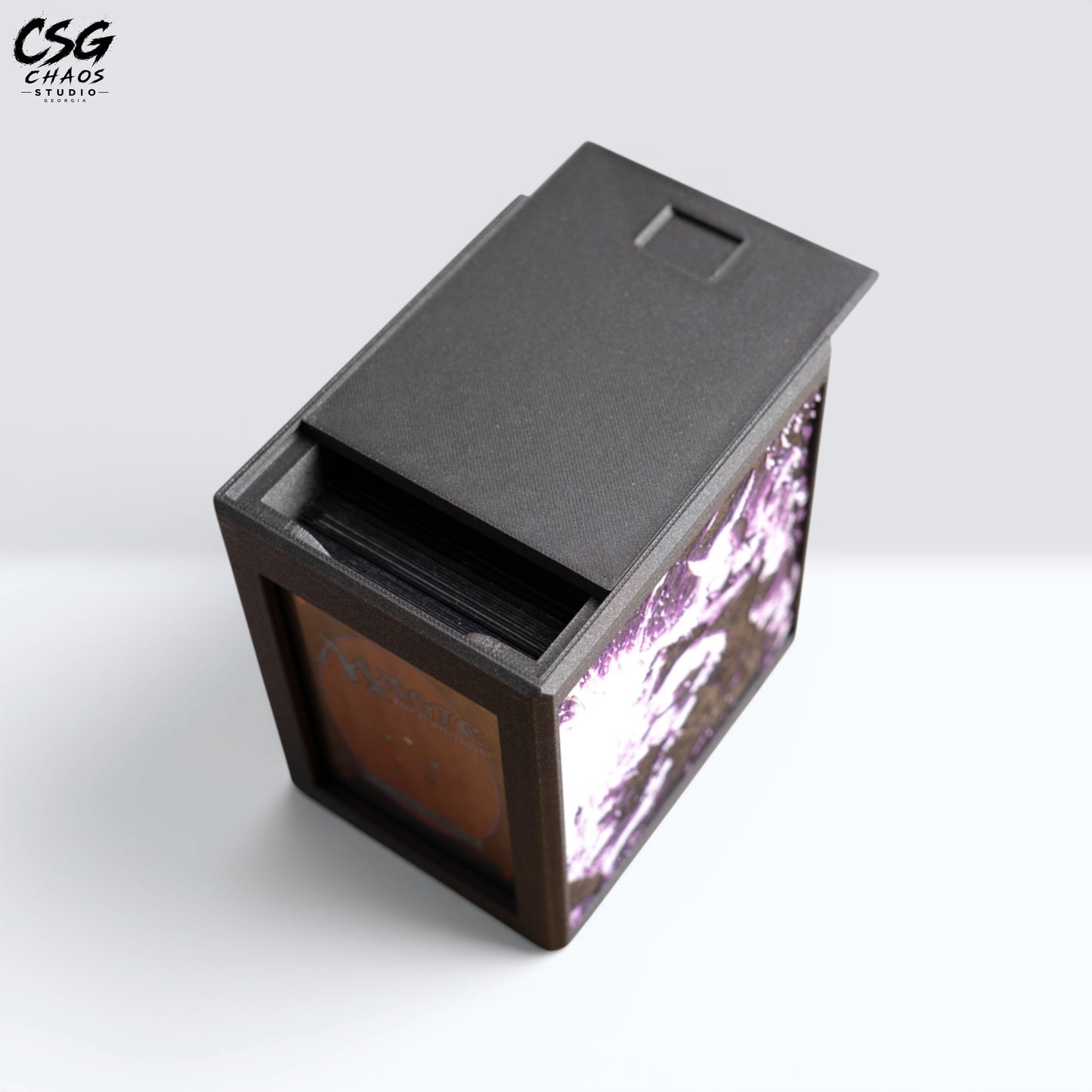 MTG Commander Deck Box PRISM Series, angled view with lid open showing cards and card back on white background — Chaos Studio Georgia