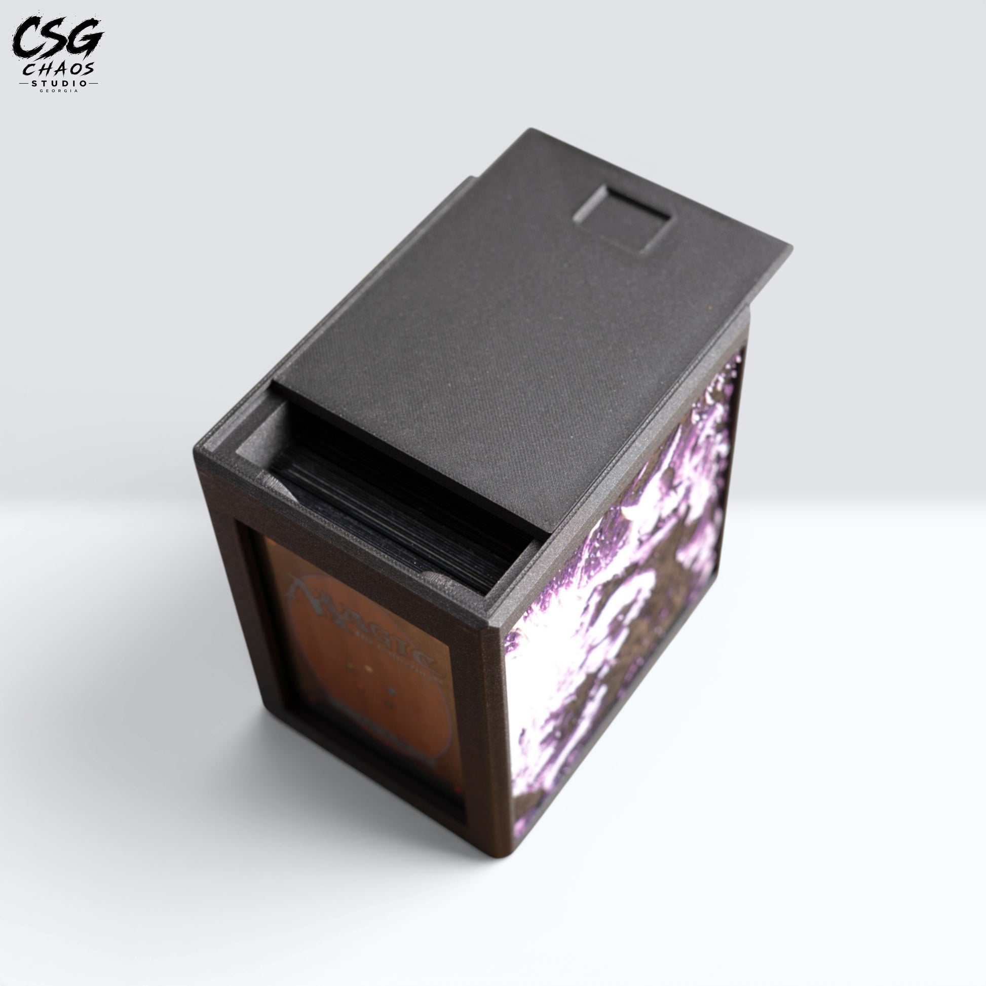 MTG Commander Deck Box PRISM Series, angled view with lid open showing cards and card back on white background — Chaos Studio Georgia
