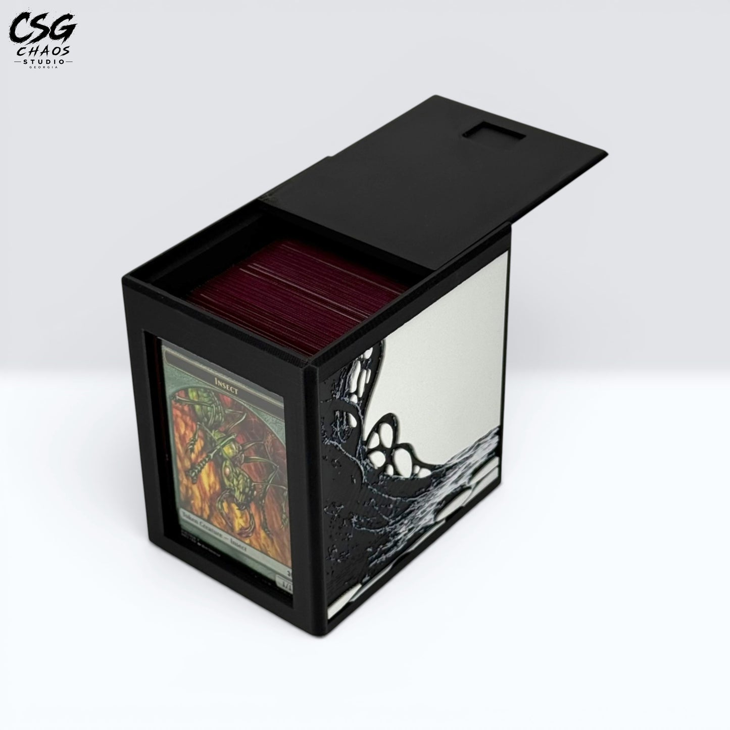 MTG Commander Deck Box PRISM Series, open lid view showing stored cards and top loader on white background — Chaos Studio Georgia