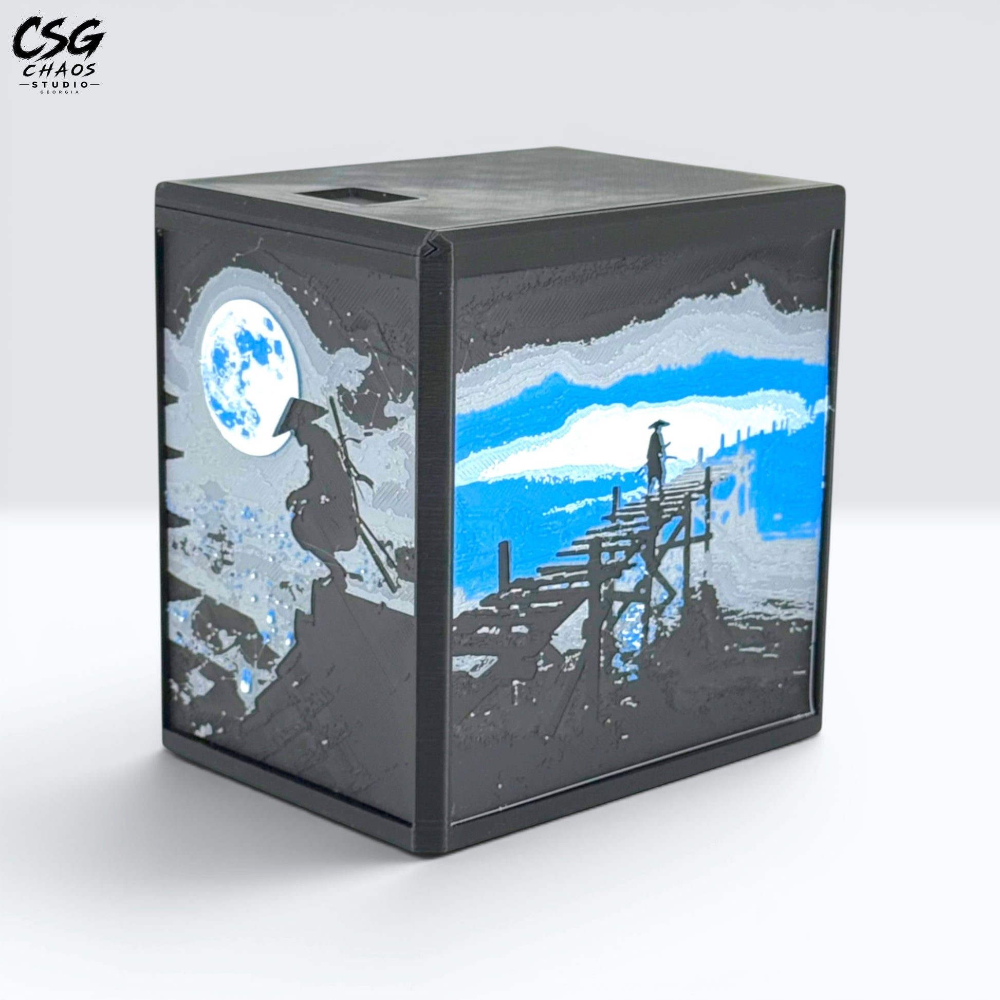 MTG Commander Deck Box PRISM Series, corner view of moonlit ronin and pier art on white background — Chaos Studio Georgia