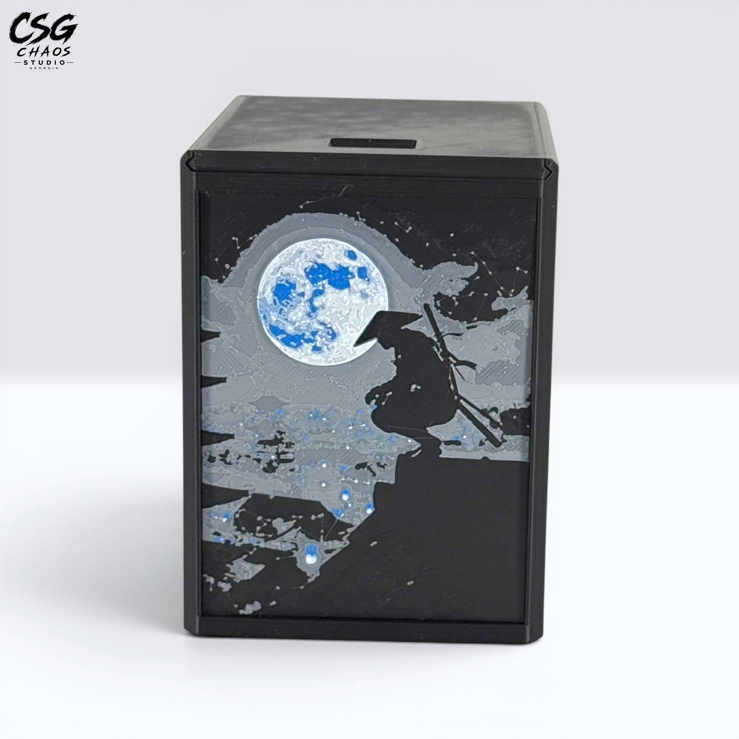 MTG Commander Deck Box PRISM Series, front view of moonlit pier with lone ronin, white background — Chaos Studio Georgia