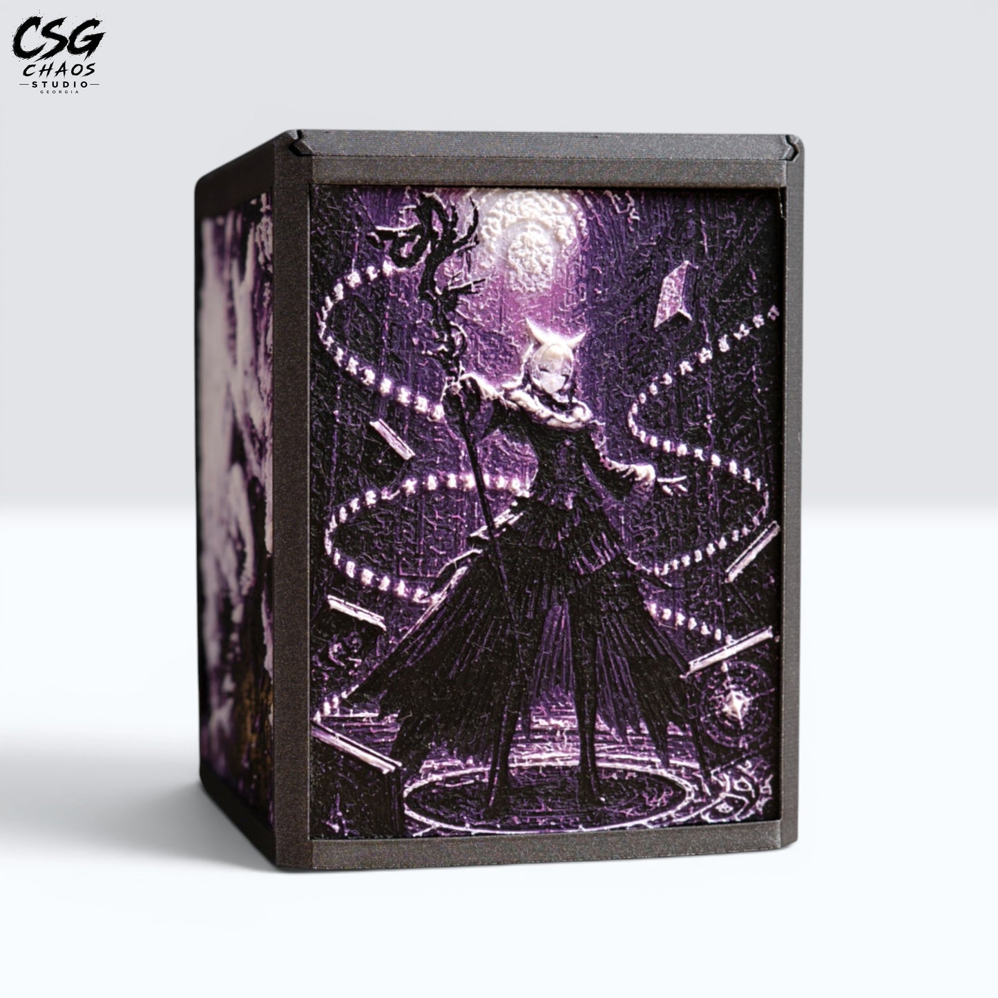 MTG Commander Deck Box PRISM Series, corner angle view of purple mystic sorceress panel art on white background — Chaos Studio Georgia