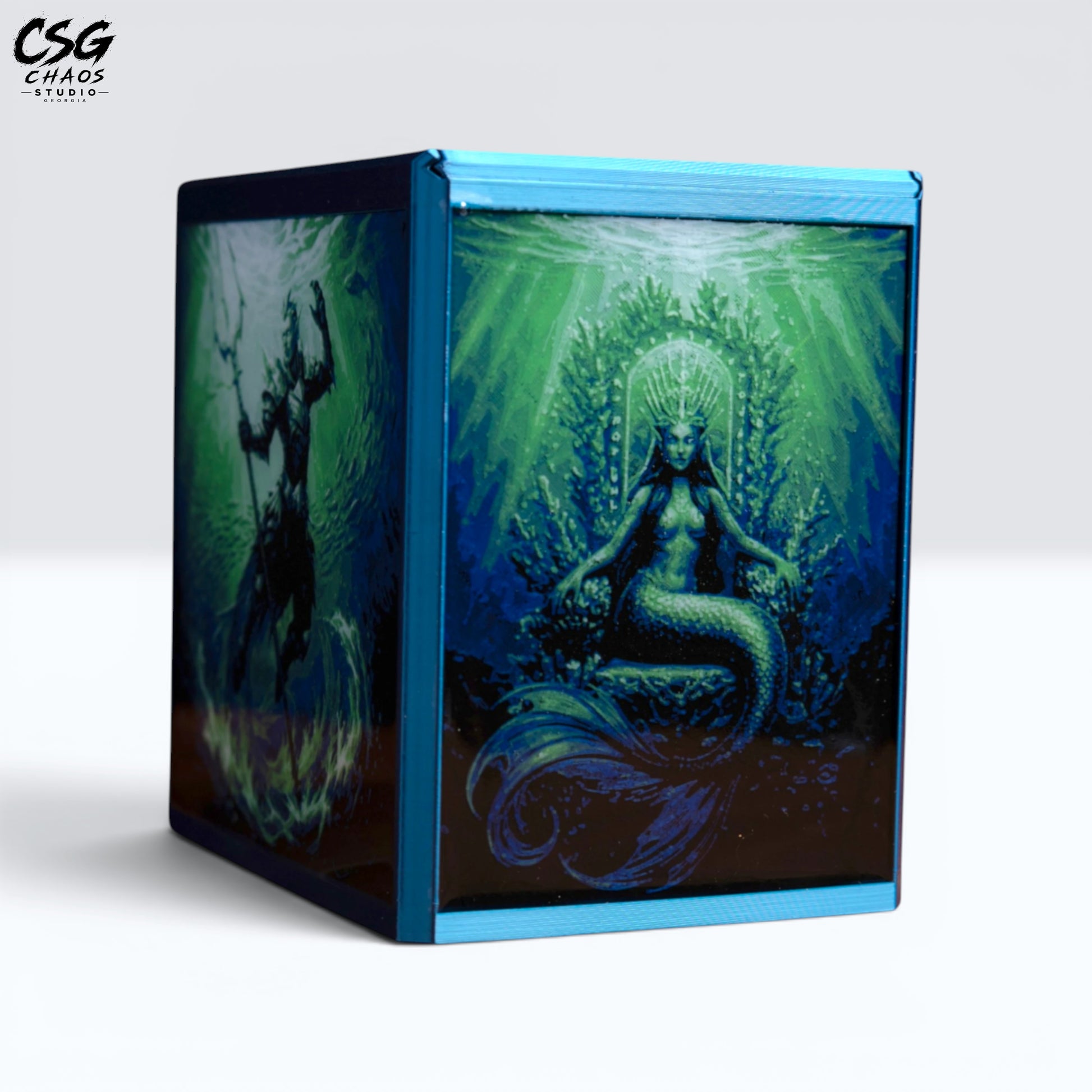 MTG Commander Deck Box PRISM Series, corner view with underwater sea deity art on white background — Chaos Studio Georgia