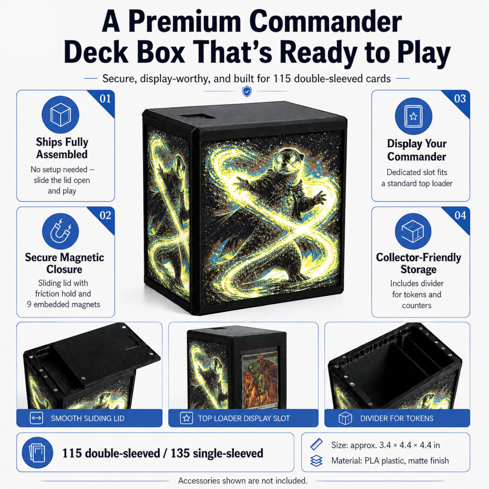MTG Commander Deck Box PRISM Series, front view with fiery silhouette warrior panel art — Chaos Studio Georgia